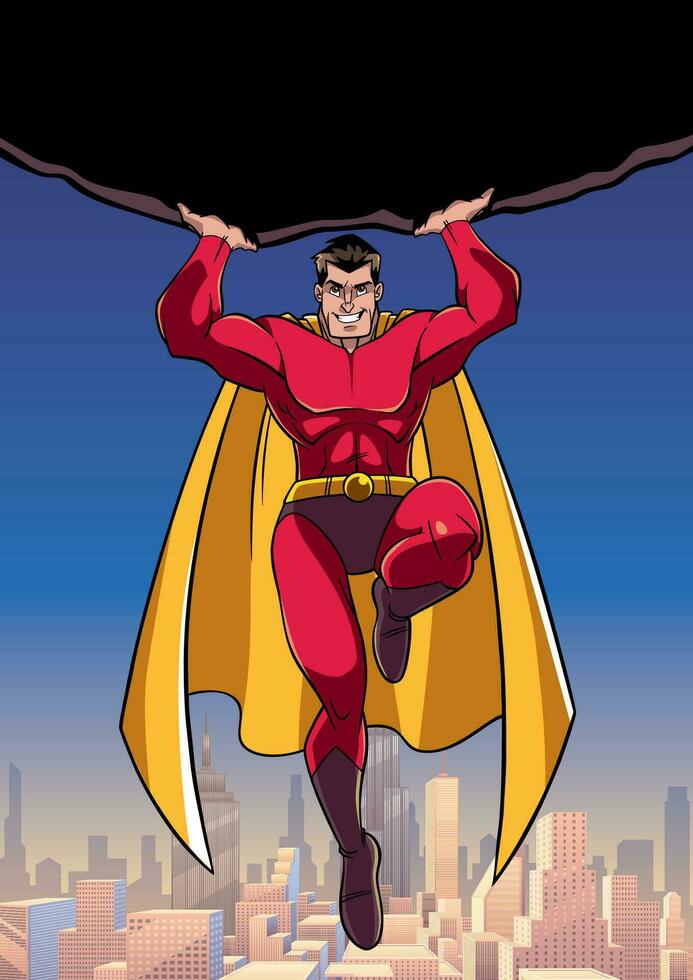 Superhero Holding Boulder Above City vector