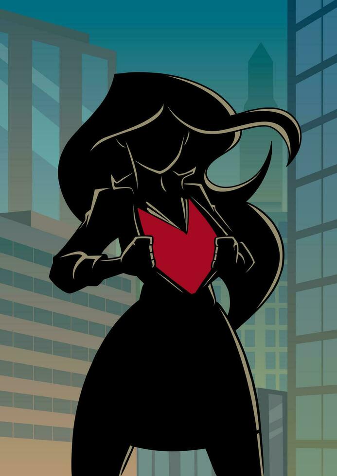 Superheroine Under Cover in City Silhouette vector