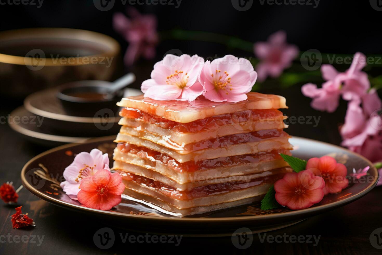 AI generated Chinese New Year cake  sliced and stacked to showcase its layers photo