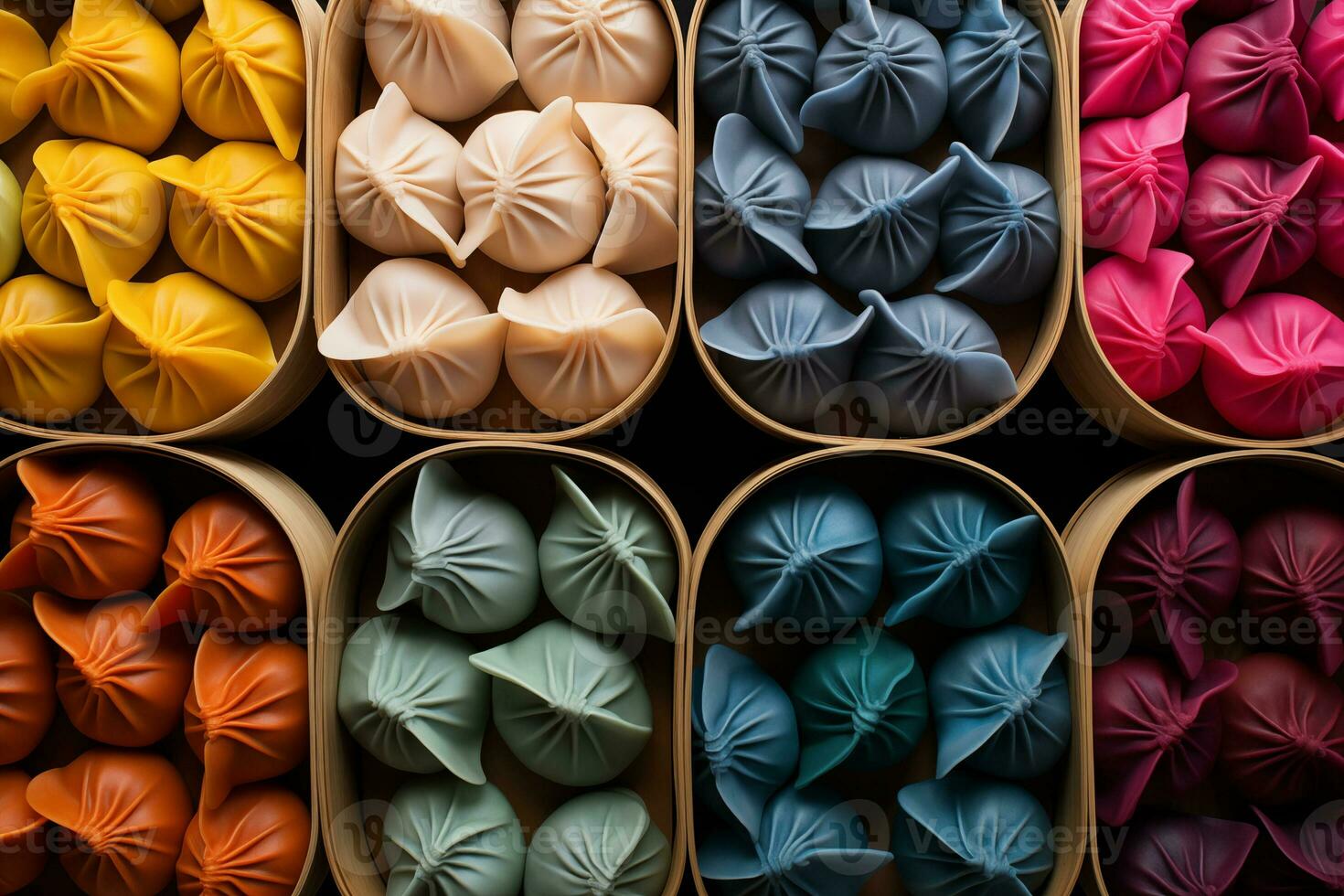 AI generated Collage of colorful dumplings arranged in an appealing pattern,For chinese new year food,tasty. Food photograph photo