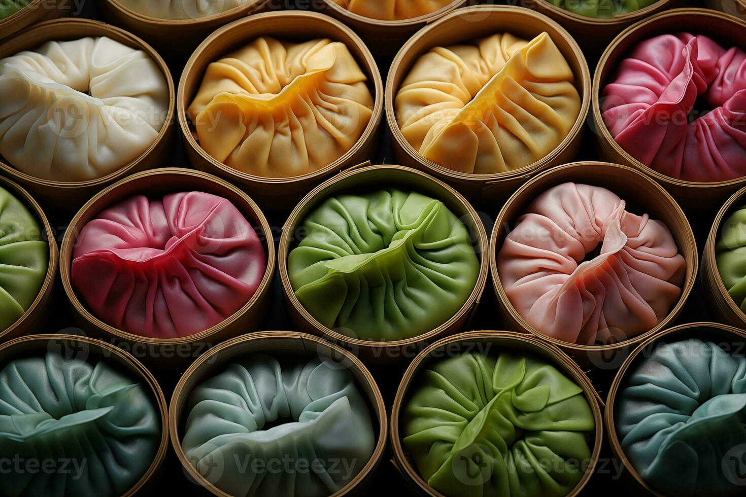 AI generated Collage of colorful dumplings arranged in an appealing pattern,For chinese new year food,tasty. Food photograph photo