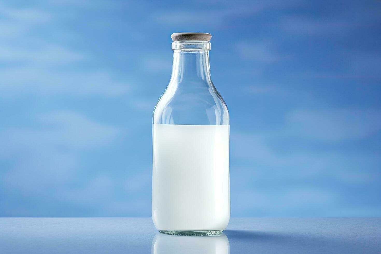 AI generated A glass bottle with full milk on blue background. AI Generated photo