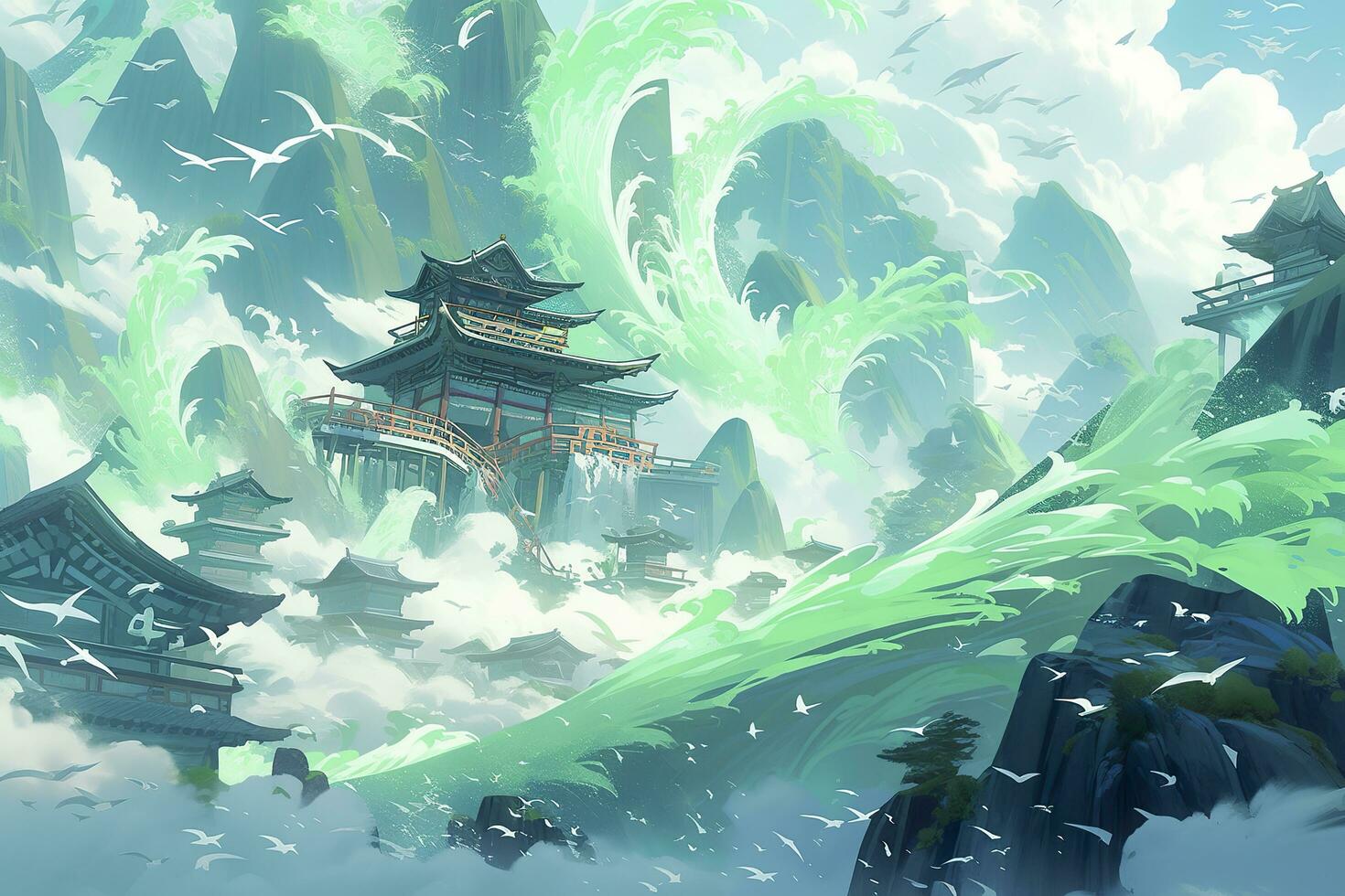 AI generated Whimsical Cartoons of Green Mountains in the Sky, Traditional Oceanic Art, Translucent Water, and Majestic Ports. AI Generative photo