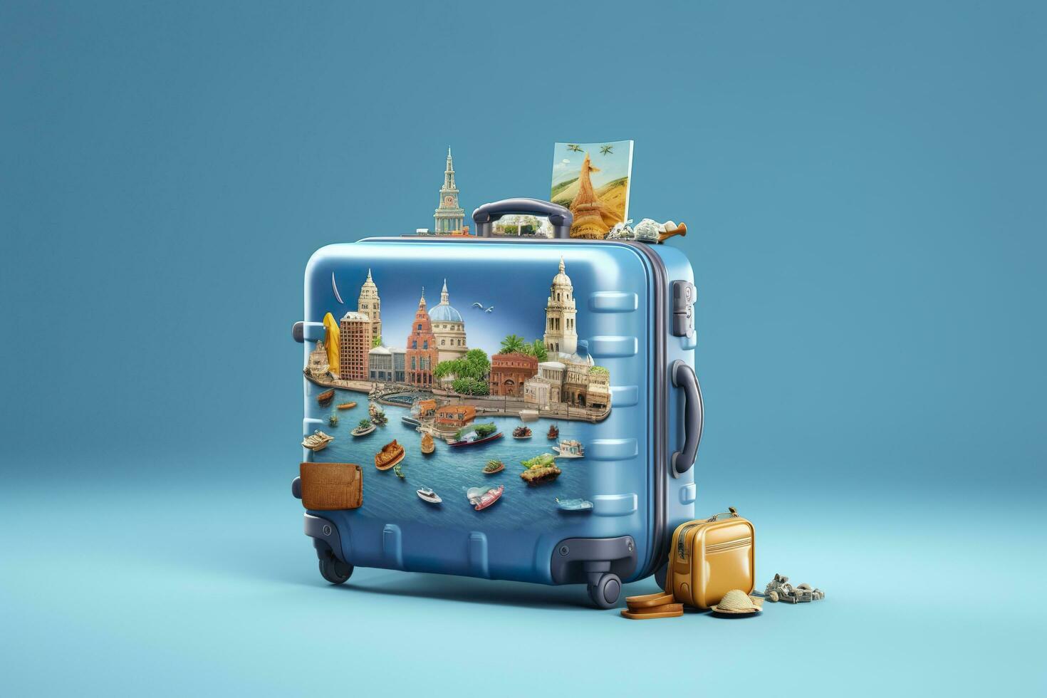 AI generated Blue suitcase full of landmarks and travel accessories on blue background. Generative AI photo