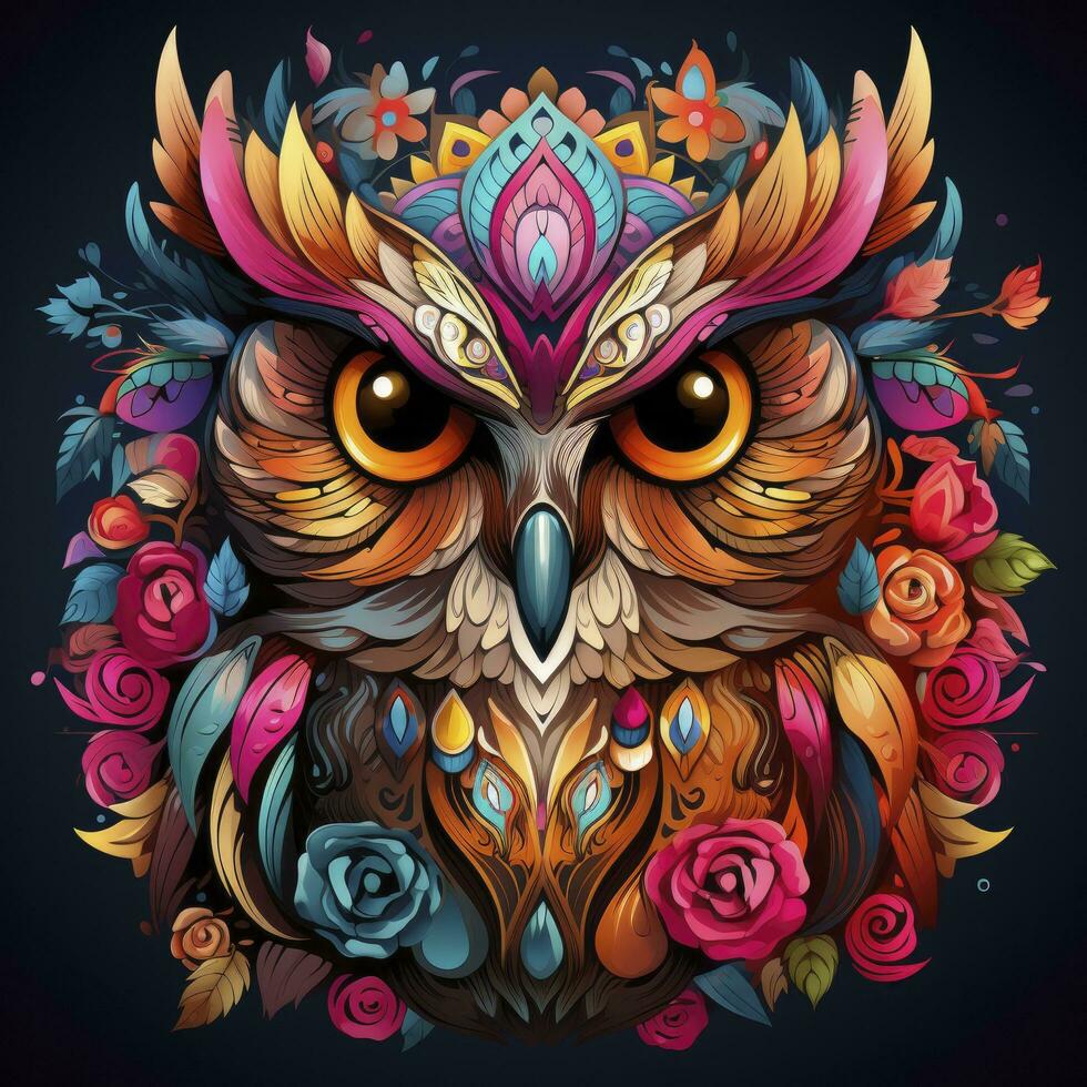 AI generated Multicolored mandala owl coloring page for adults. AI Generated photo