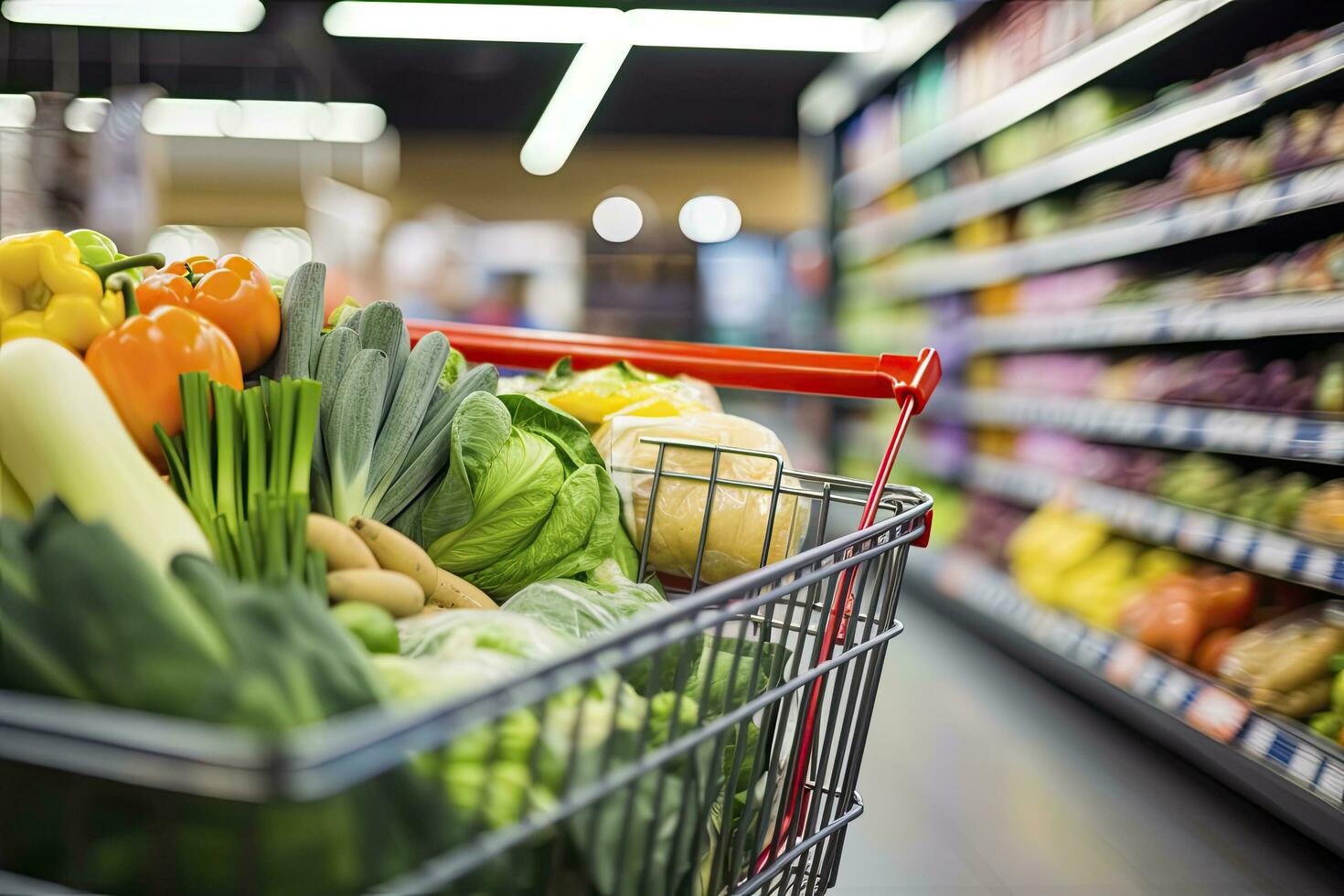 AI generated Close up of full shopping cart in grocery store. AI Generated photo