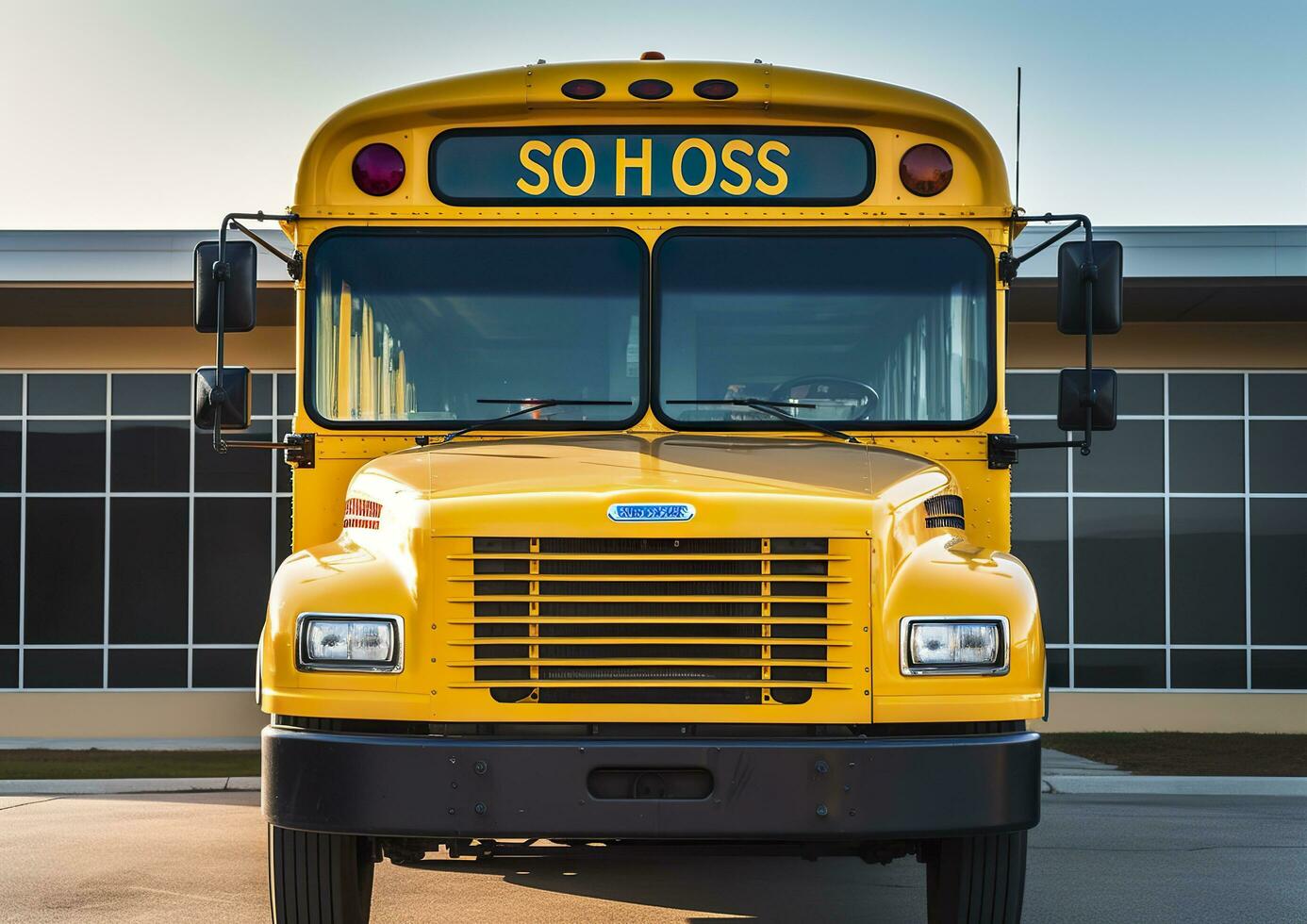 AI generated Front view of a yellow school bus. AI Generated photo