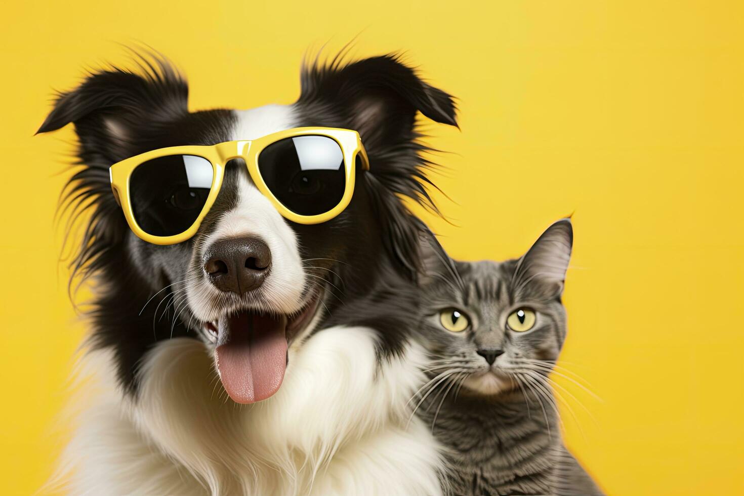 AI generated Cat and dog together with happy expressions on yellow background. AI Generated photo