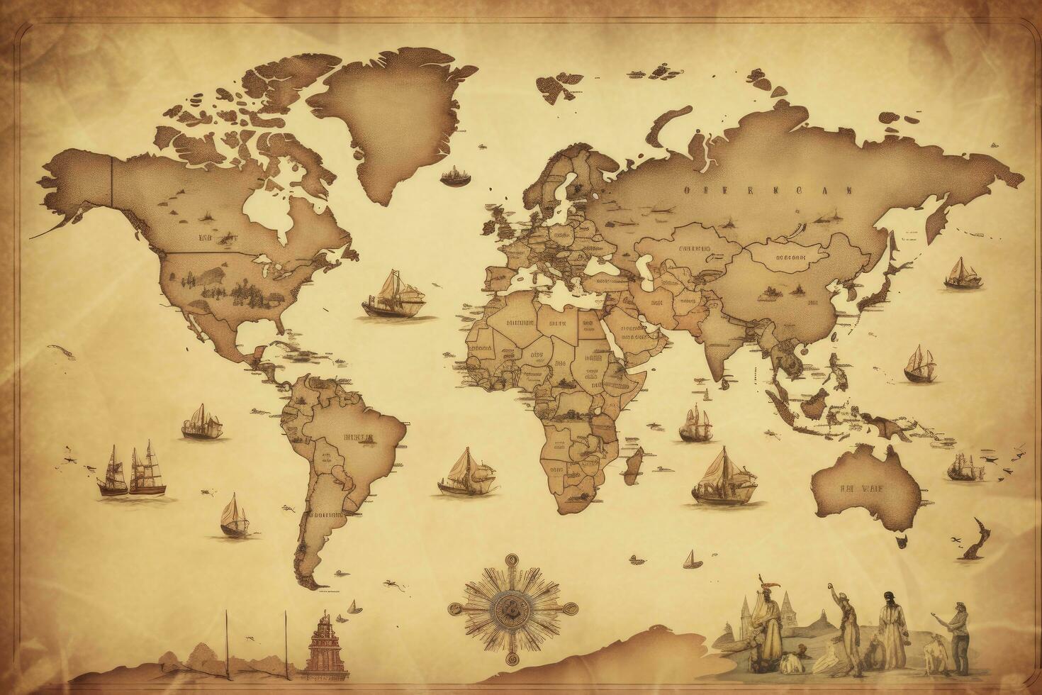 AI generated Great detailed illustration of the world map in vintage style. AI Generated photo