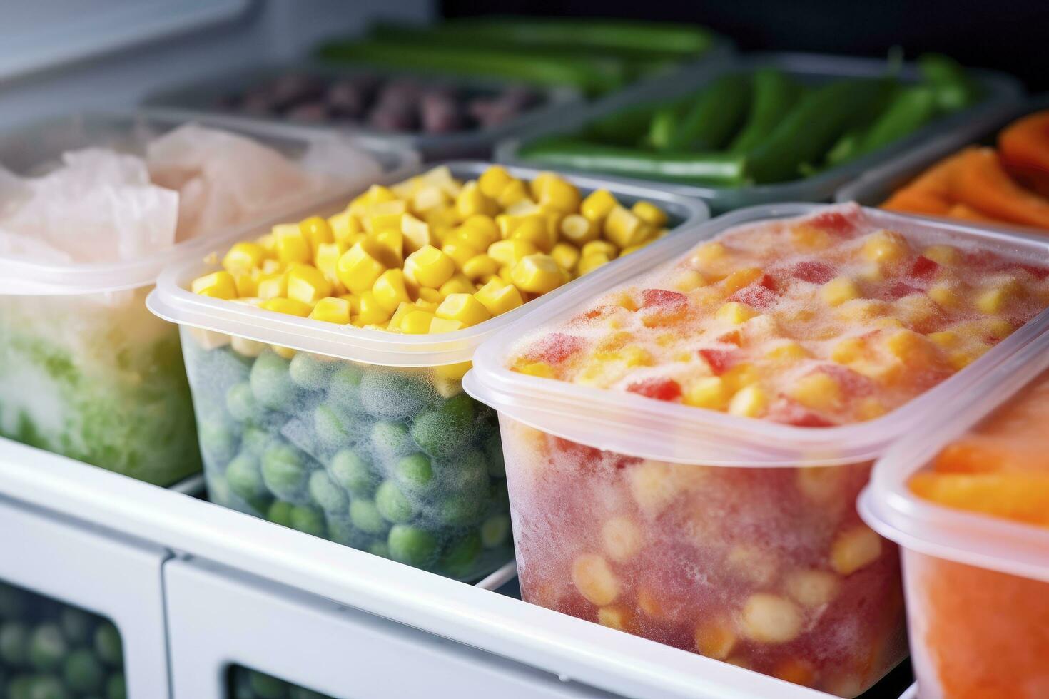 AI generated Frozen food in the freezer. Frozen vegetables. AI Generated photo