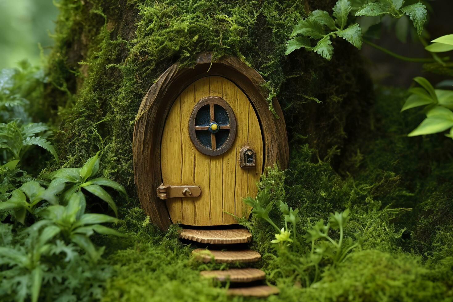 AI generated Little magic wooden fairy doors and plants leave on a mossy natural green background. AI Generated photo