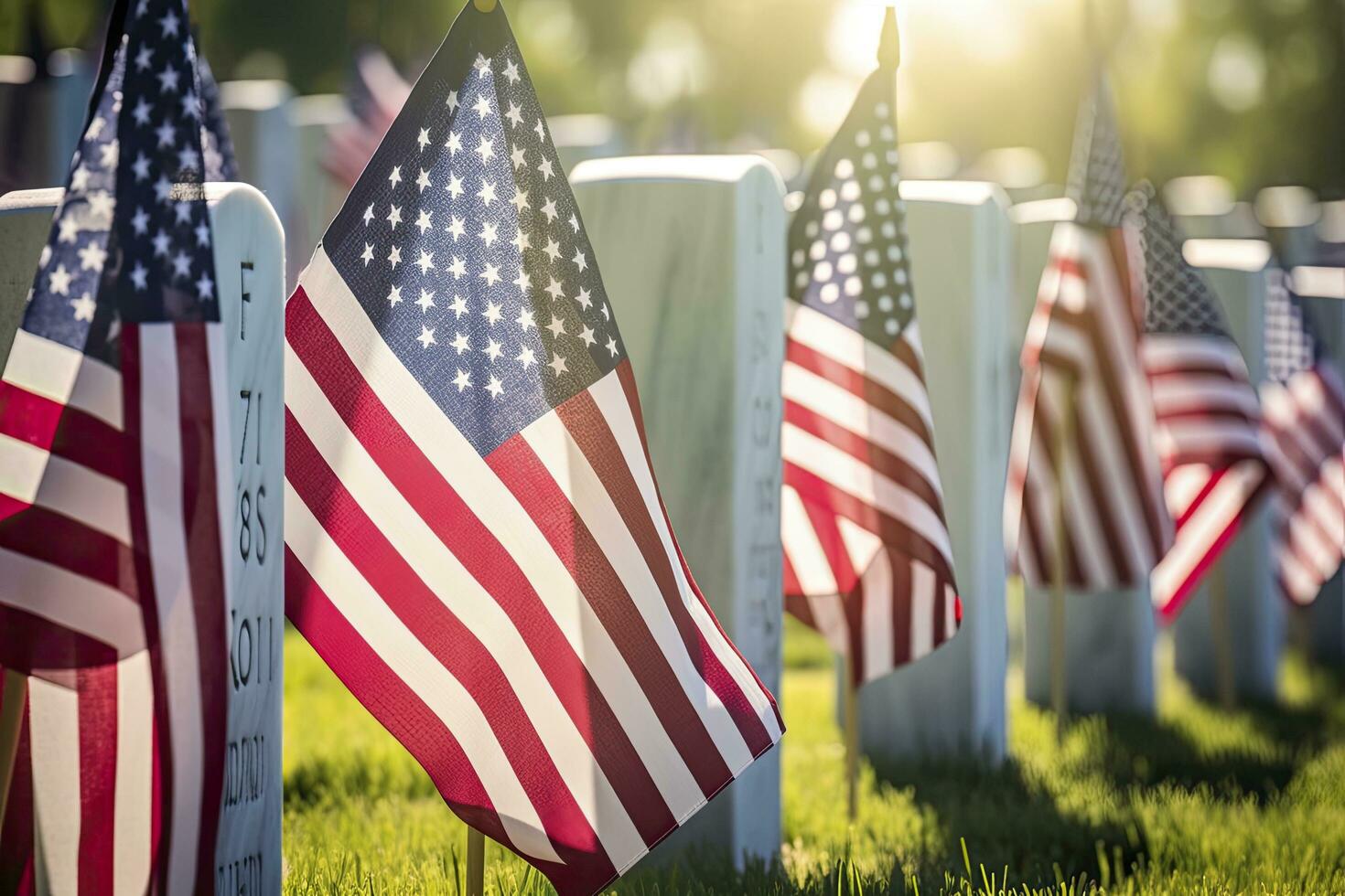 AI generated Military Headstones and Gravestones Decorated With Flags for Memorial Day.  AI Generated photo