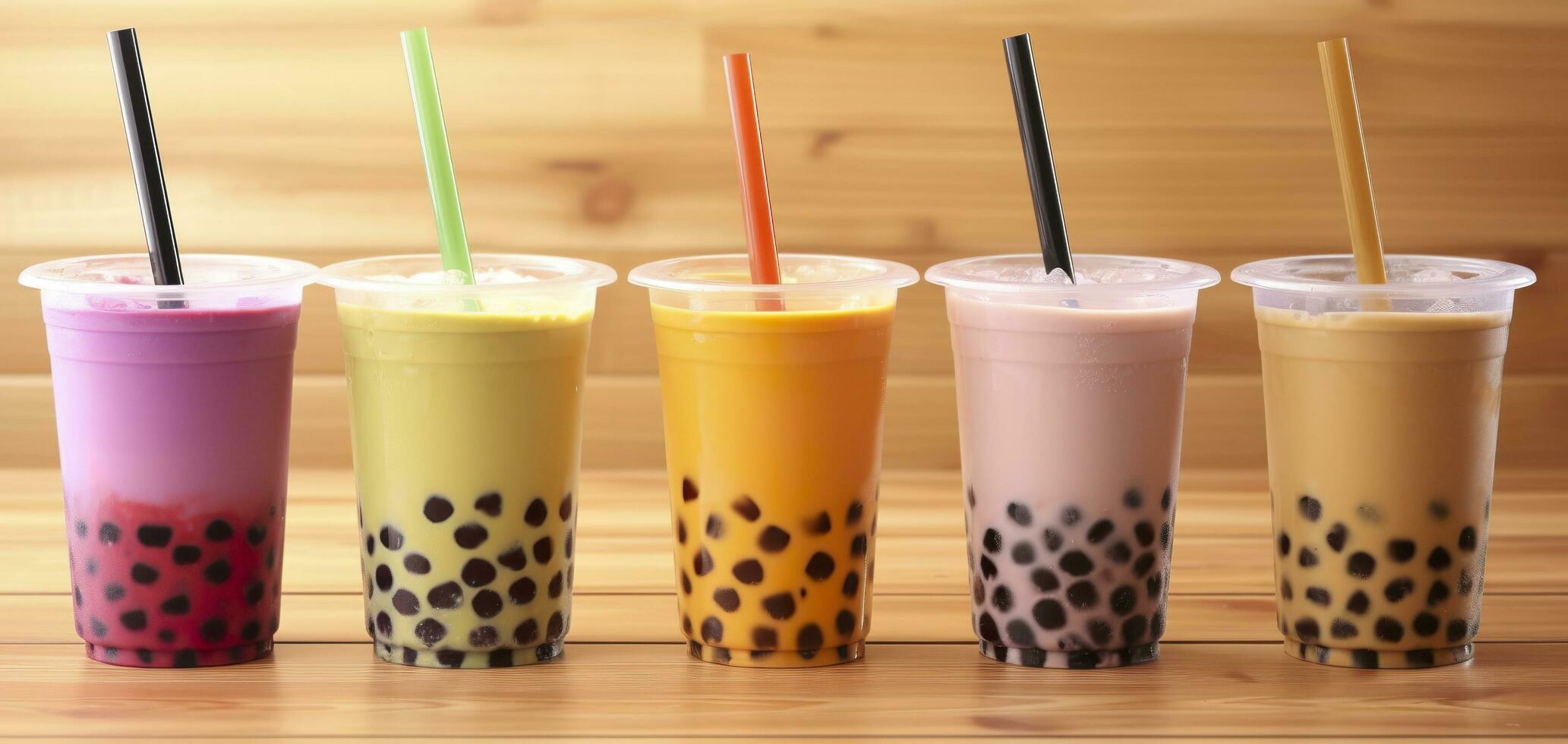 AI generated Plastic cups of different tasty bubble tea on wooden background. Generative AI photo