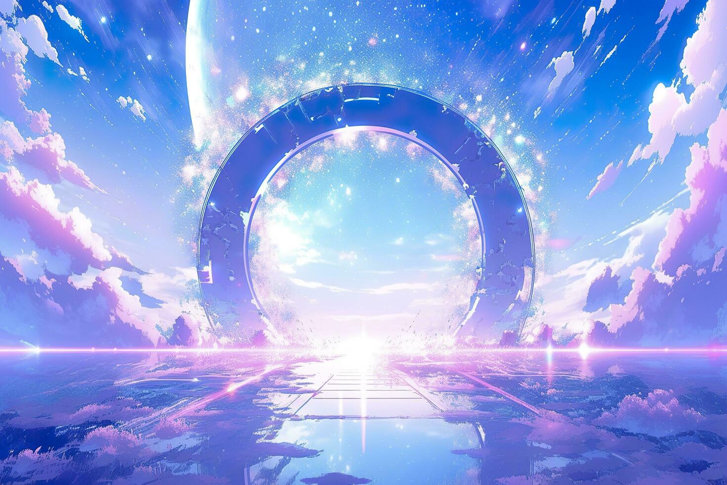 AI generated Portal to another world. Futuristic cosmic landscape with circle tunnel in starry sky. Generative AI photo