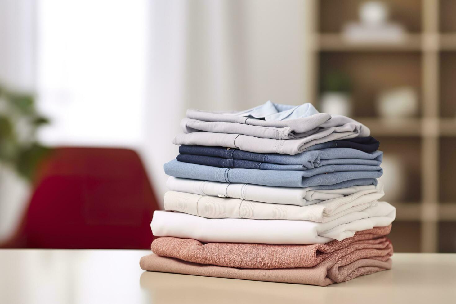 AI generated Stack of clean clothes on table in room. Generative AI ...
