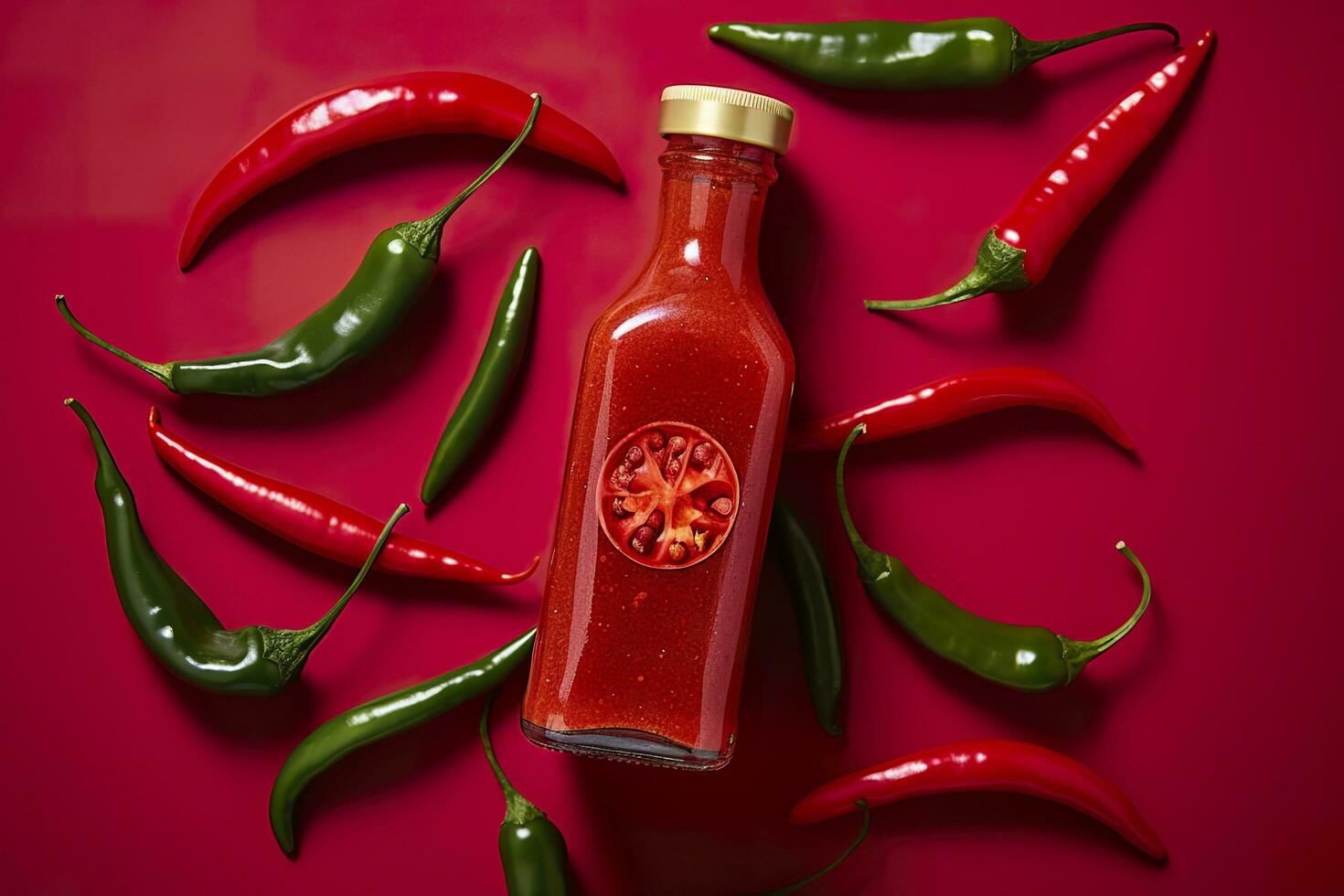 AI generated Tabasco hot pepper sauce with red chili pepper, flat lay. Generative AI photo
