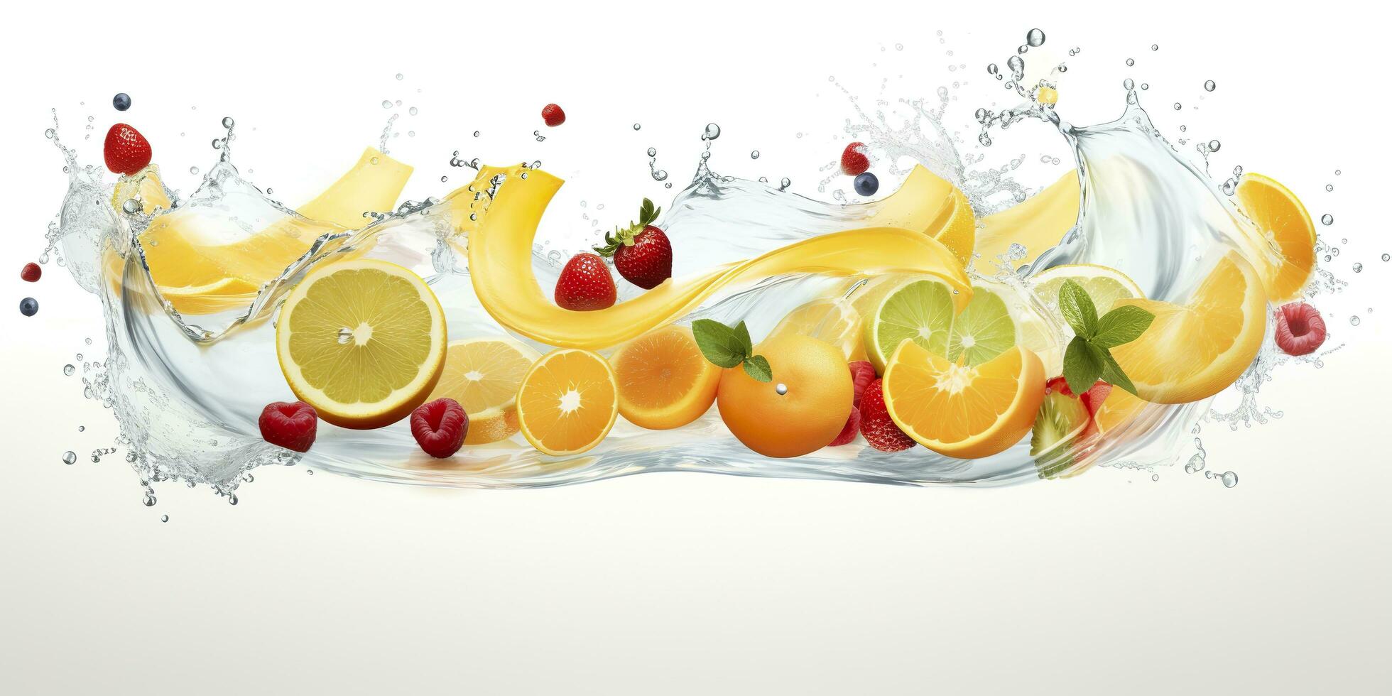 AI generated Swirl water splash with fruits. liquid flow with ice cubes and a mix of fresh fruits. Generative AI photo