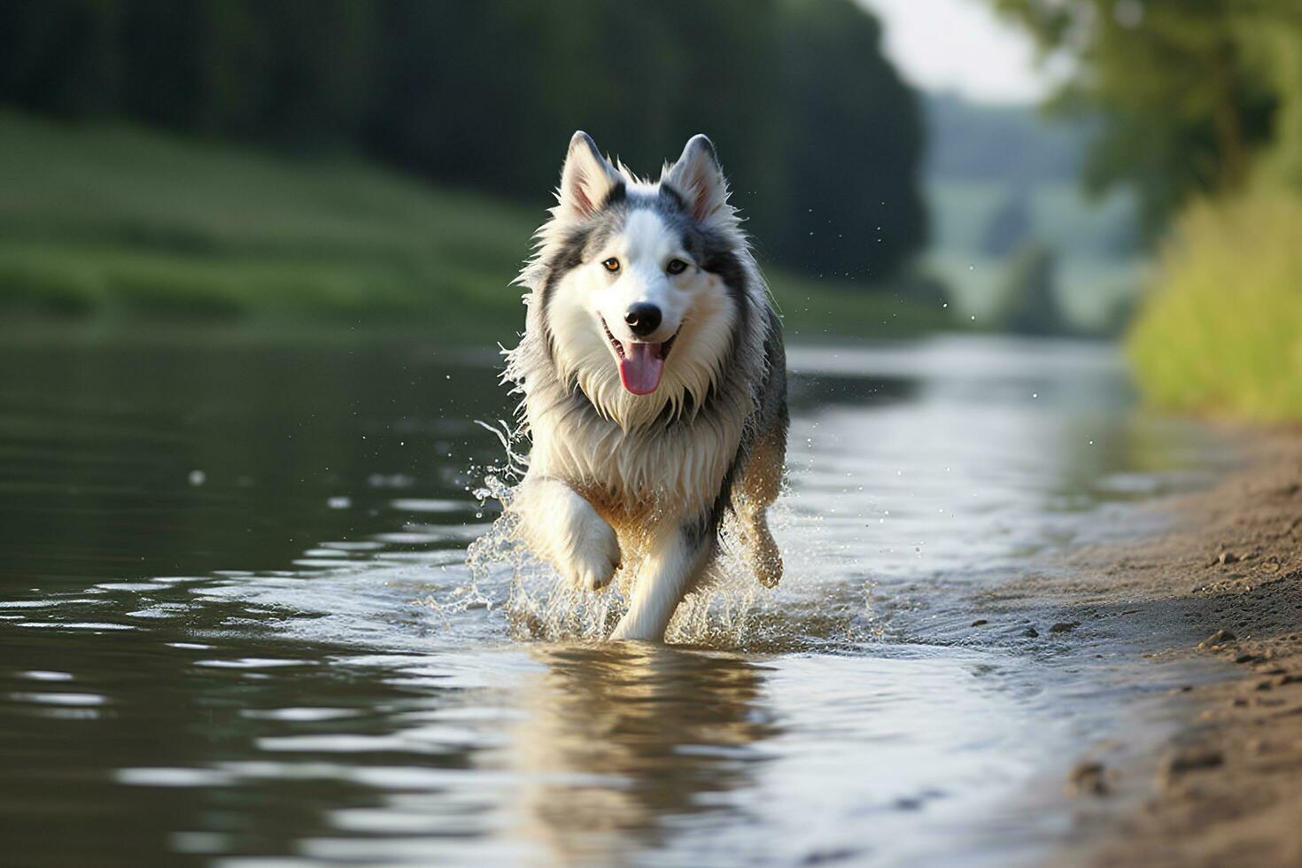 AI generated The dog runs on the water. Generative AI photo