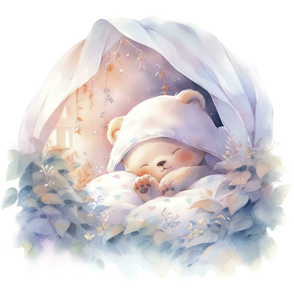 AI generated A sleepy baby bear in a bedding. watercolor illustration. AI Generated photo