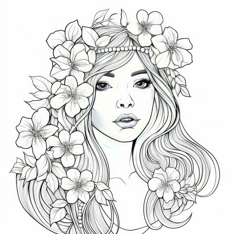 AI generated A girl on a coloring book page with Jasmine flowers. AI Generated photo