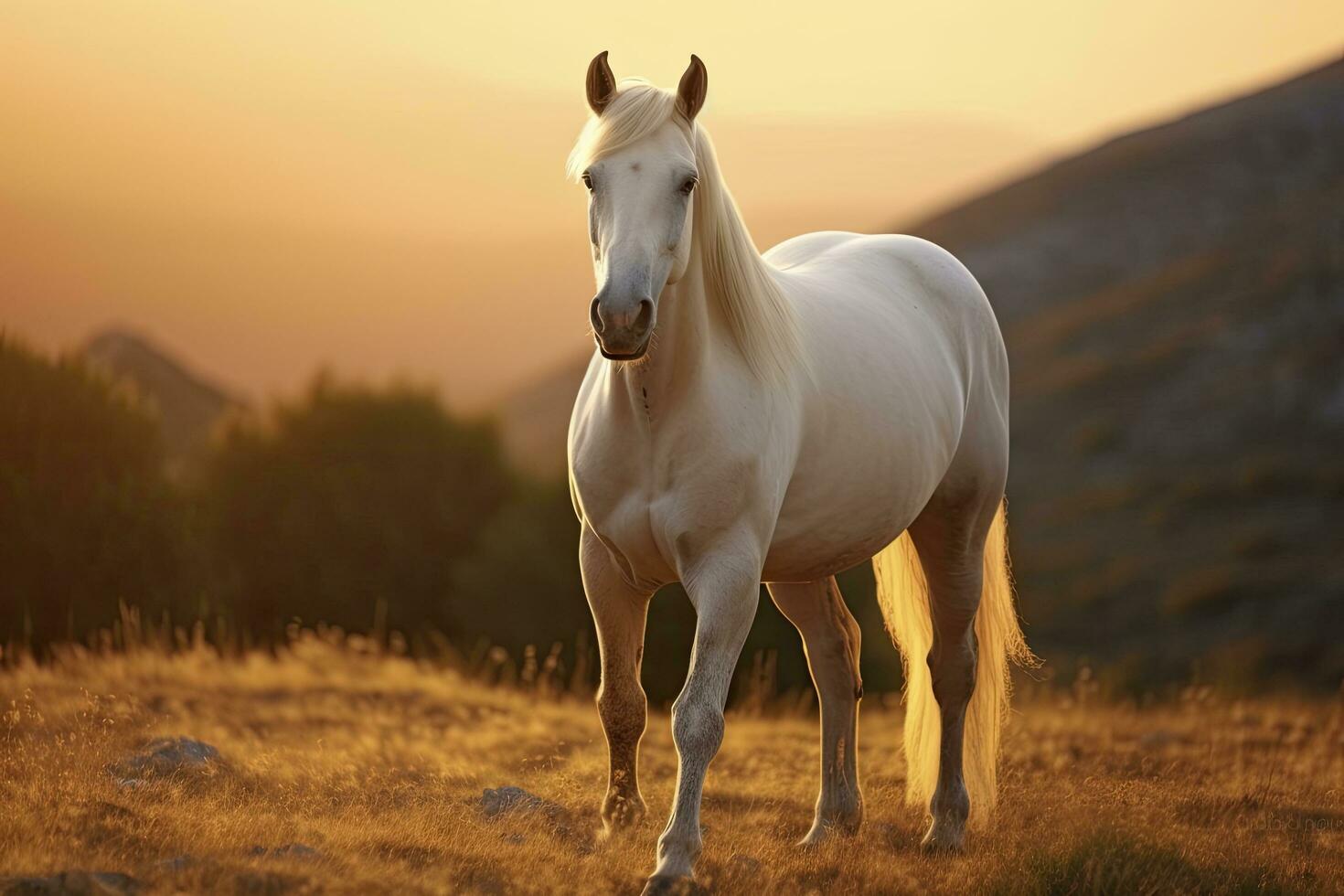 AI generated White horse or mare in the mountains at sunset. AI Generated photo