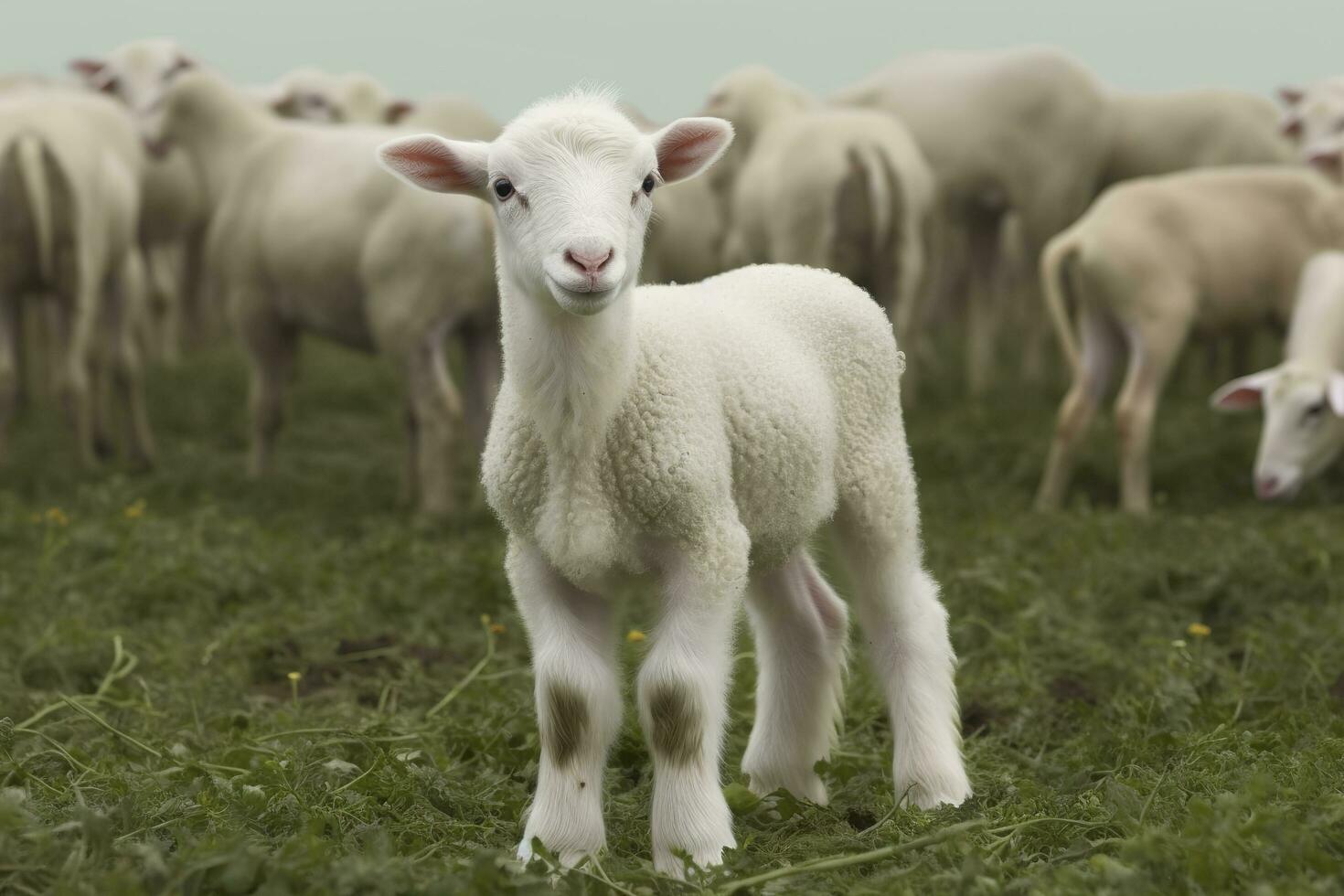 ai generado blanco Cordero en un campo en frente de otro animales generativo ai foto