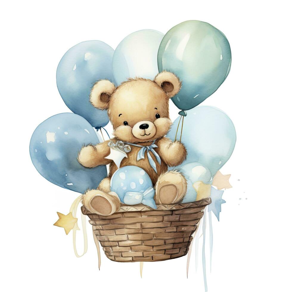 AI generated A watercolor baby teddy bear is sitting in the basket with blue and gold balloons. AI Generated photo