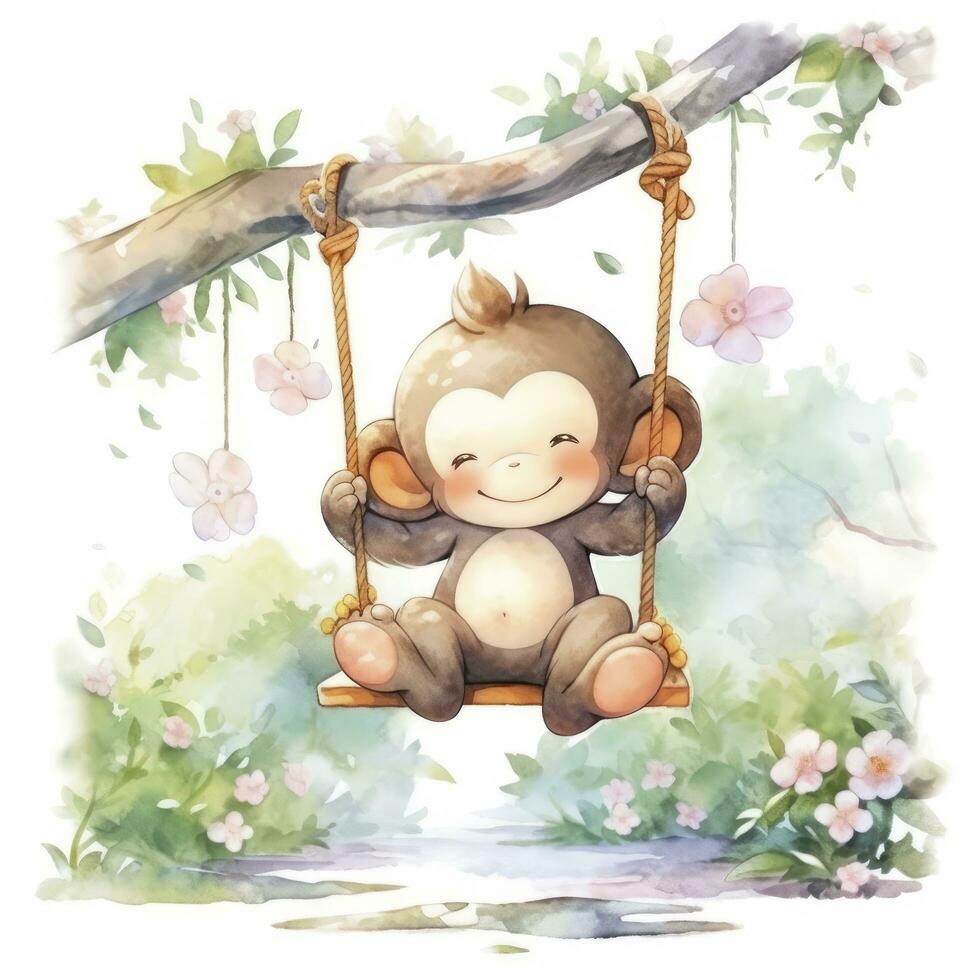 AI generated Cute happy baby monkey on swings on a tree in watercolor. AI Generated photo