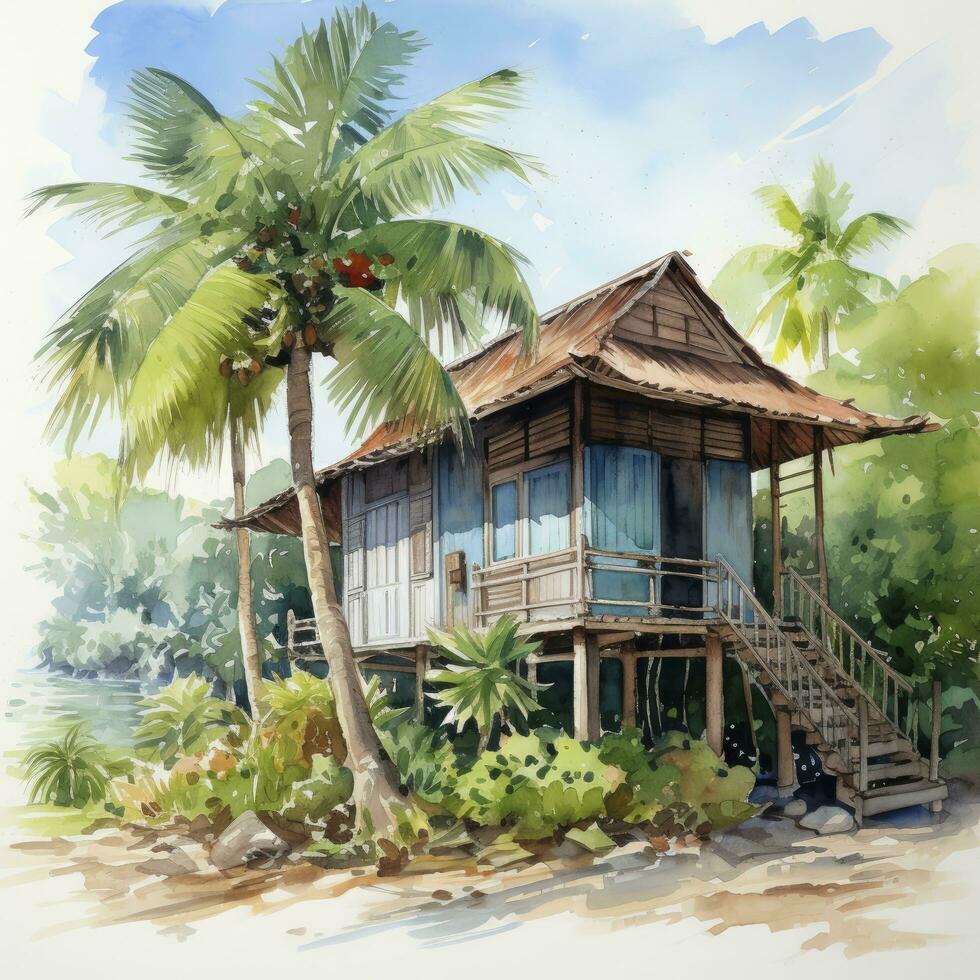 AI generated A watercolored bright serene image of a traditional bahay kubo. AI Generated photo