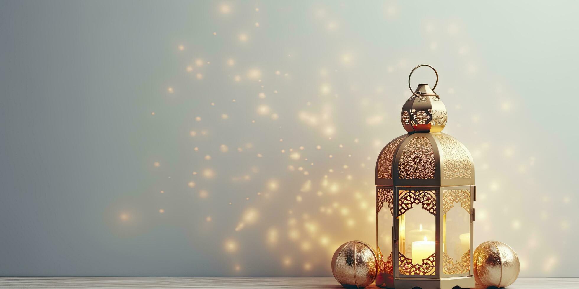 AI generated Celebration of islamic eid mubarak and eid al adha lantern in a light background. AI Generated photo