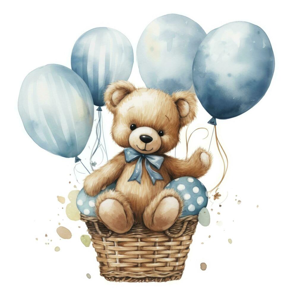 AI generated A watercolor baby teddy bear is sitting in the basket with blue and gold balloons. AI Generated photo