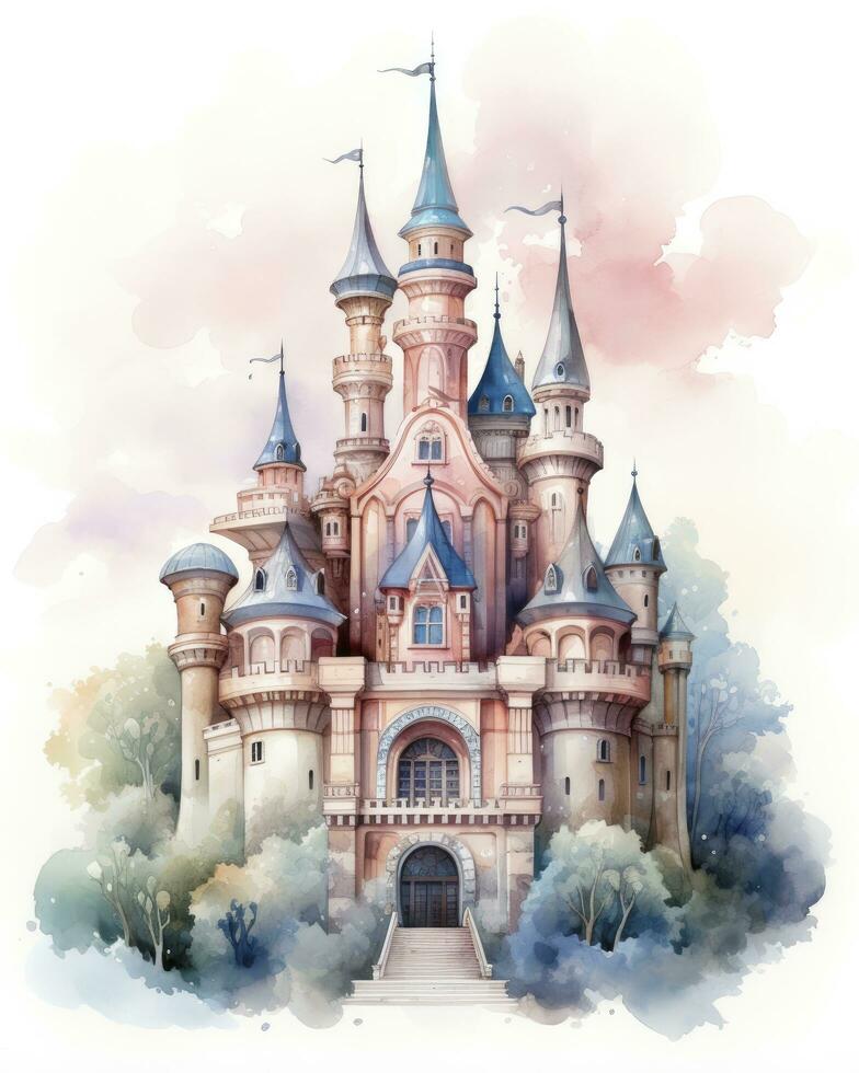 AI generated Colorful watercolor kawaii castle isolated on white background. AI Generated photo