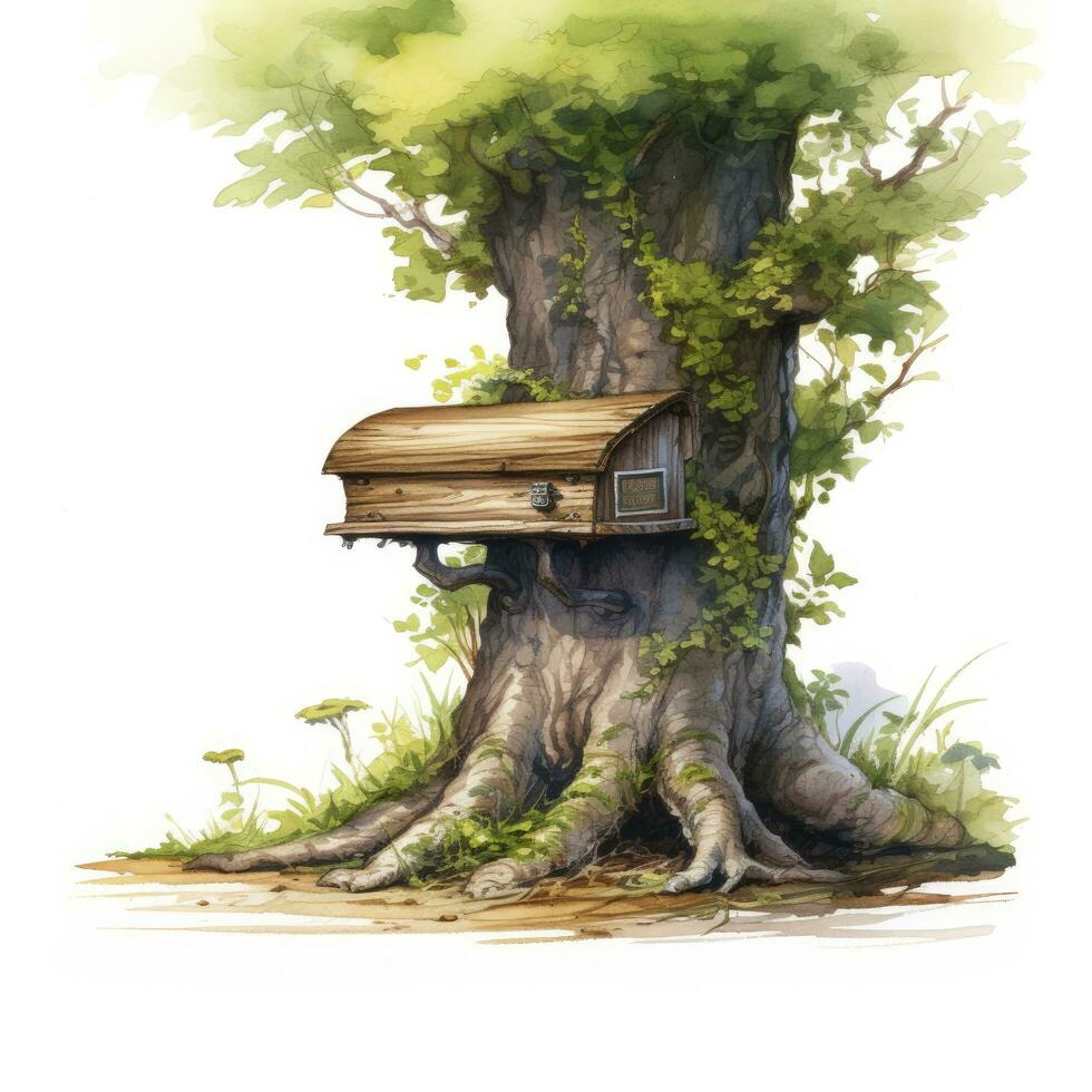 AI generated Watercolor mailbox in a tree on a white background. AI Generated photo