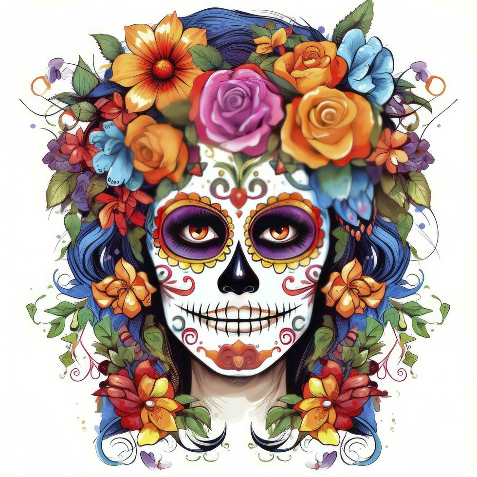 AI generated Woman sugar skull with beautiful colored flowers on white background. AI Generated photo
