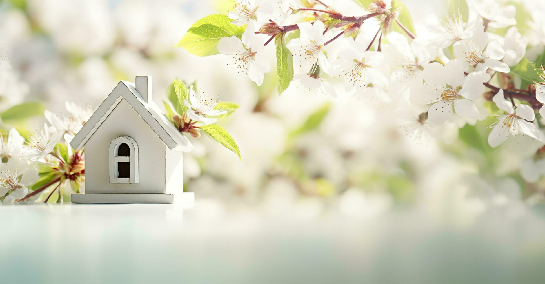 AI generated Toy house and cherry flowers, spring abstract natural background. Generative AI photo