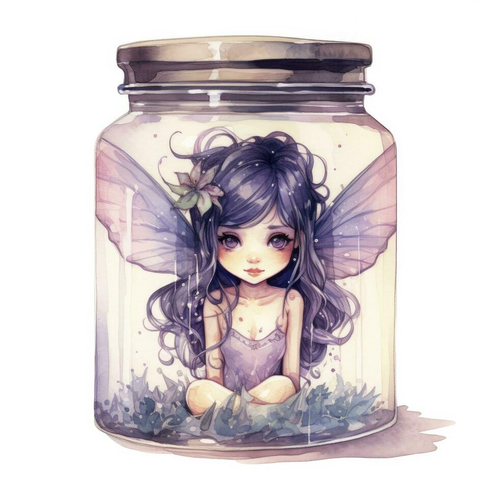 AI generated Watercolor Fantasy Pastel Goth Tiny Fairy in a Jar. AI Generated photo