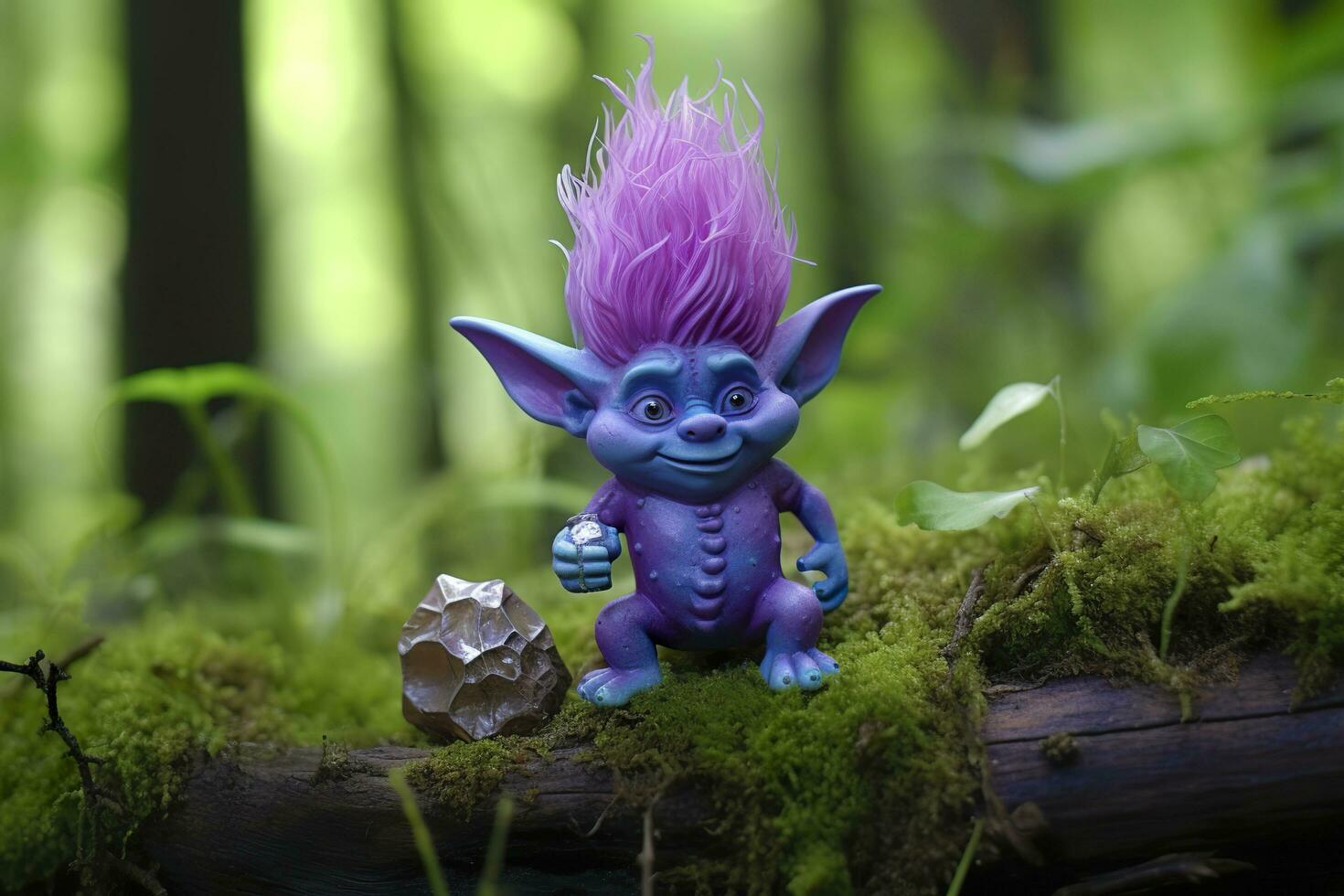 AI generated Tale troll with crystals in the forest, natural green background. Generative AI photo