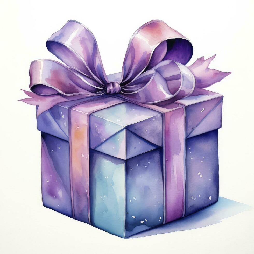 AI generated Watercolor birthday present with bow isolated on white background.  AI Generated photo