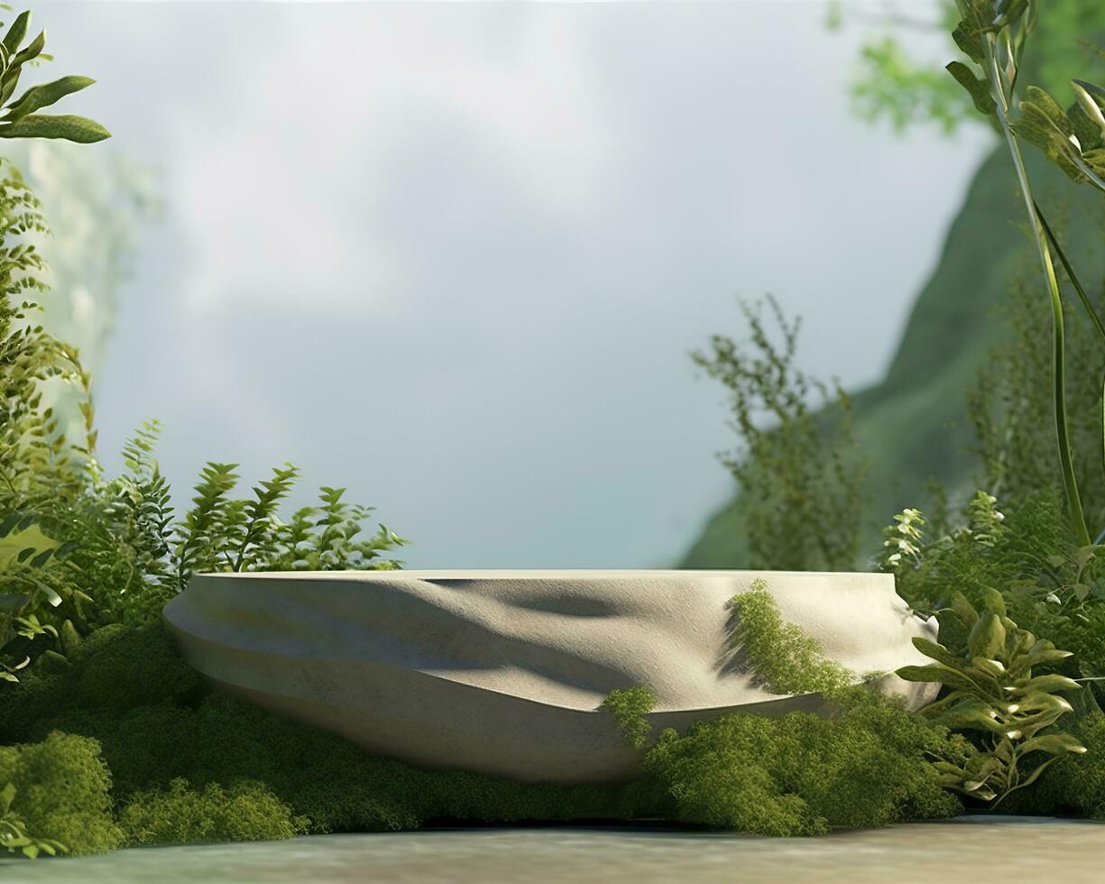 AI generated Stone product display podium for cosmetic product with green nature garden background. Generative AI photo