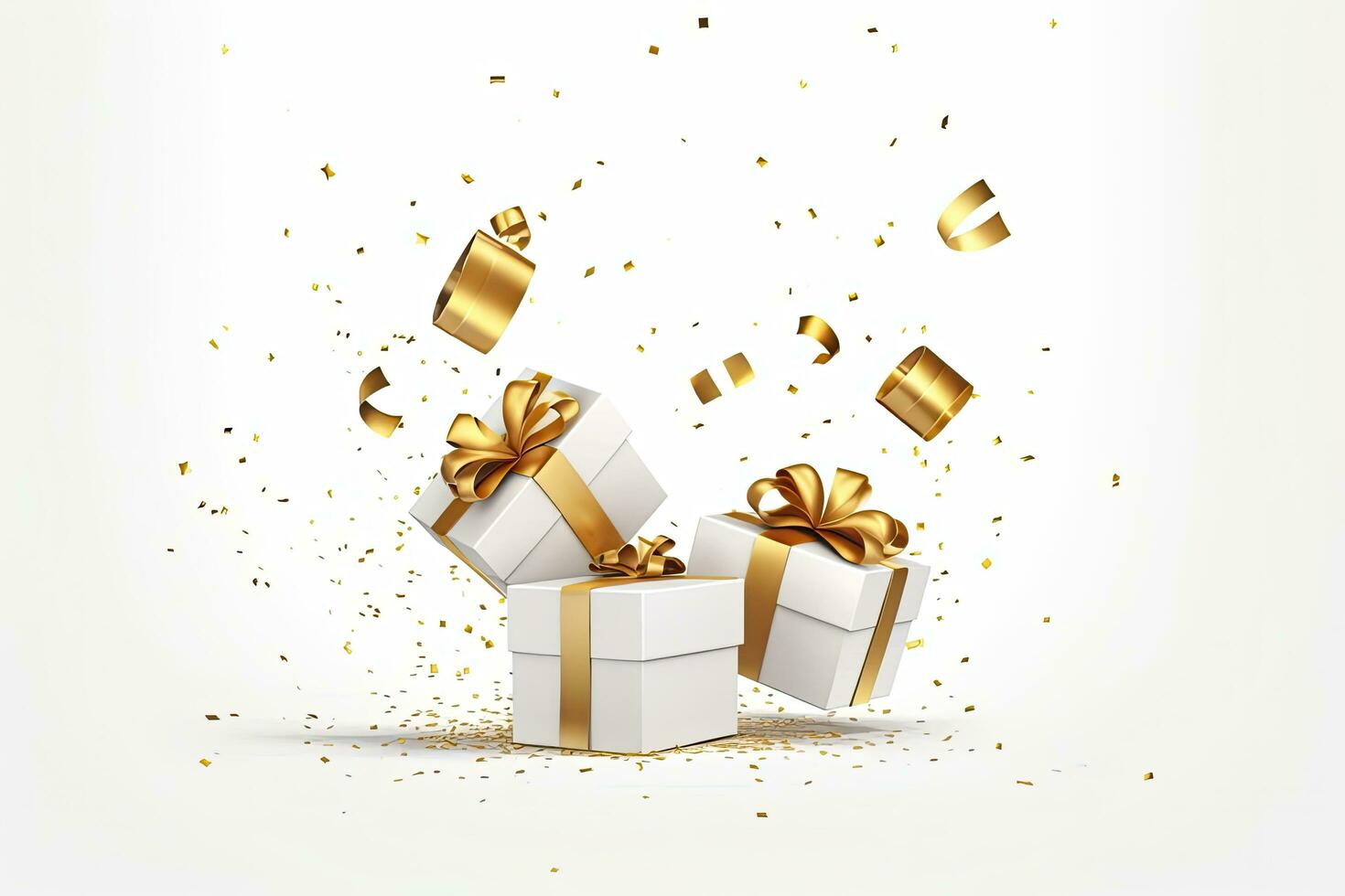 AI generated Merry New Year and Merry Christmas 2024 white gift boxes with golden bows and gold sequins confetti on white background. AI Generated photo