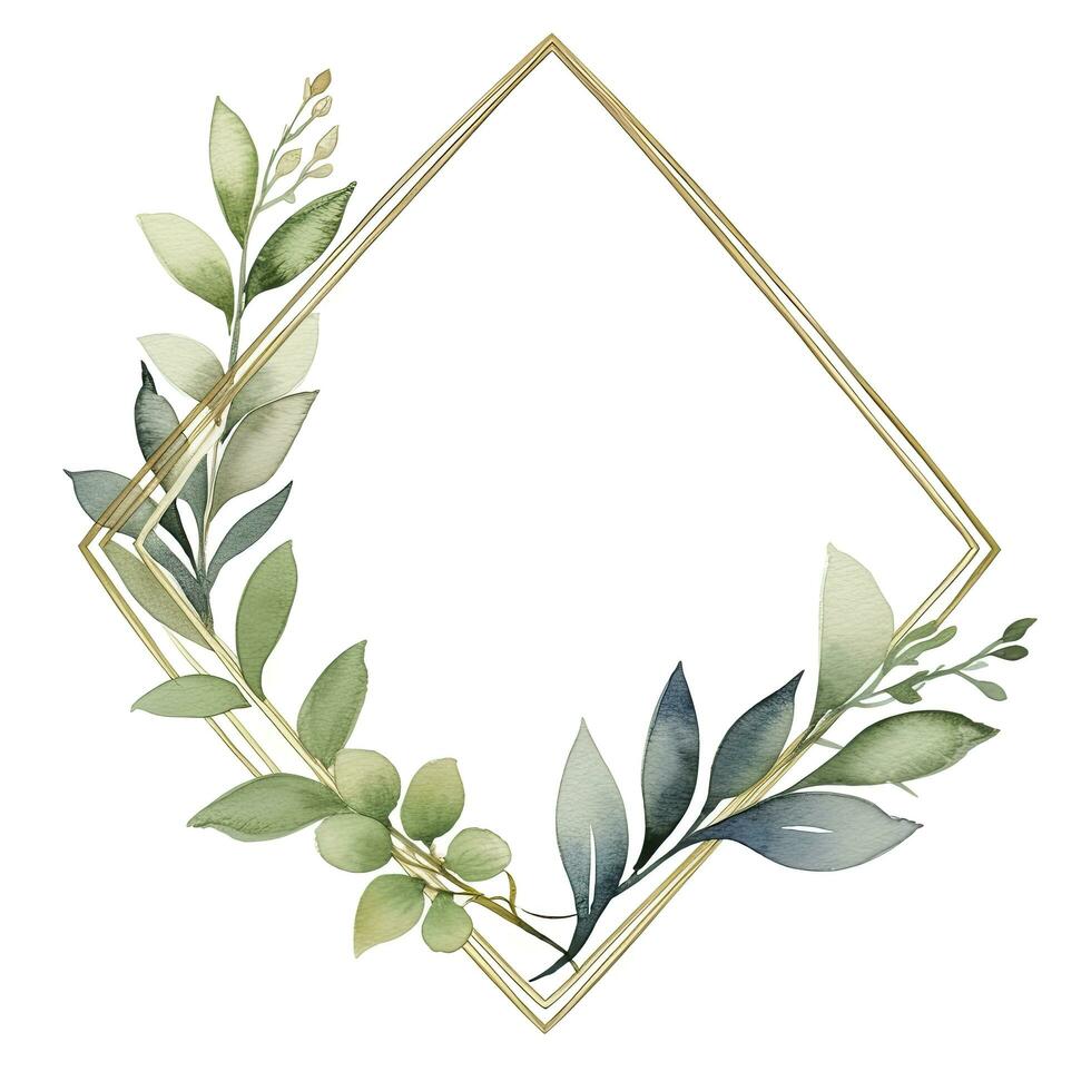 AI generated Watercolor geometry shape wreath with green leaf. AI Generated photo