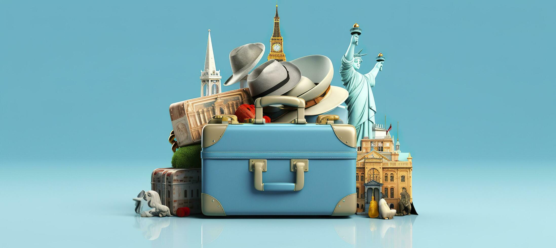 AI generated Blue suitcase full of landmarks and travel accessories on blue background. Generative AI photo