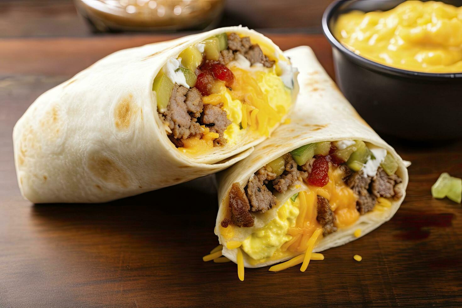 AI generated Breakfast burrito with sausage, eggs, hashbrown and cheese. AI Generated photo