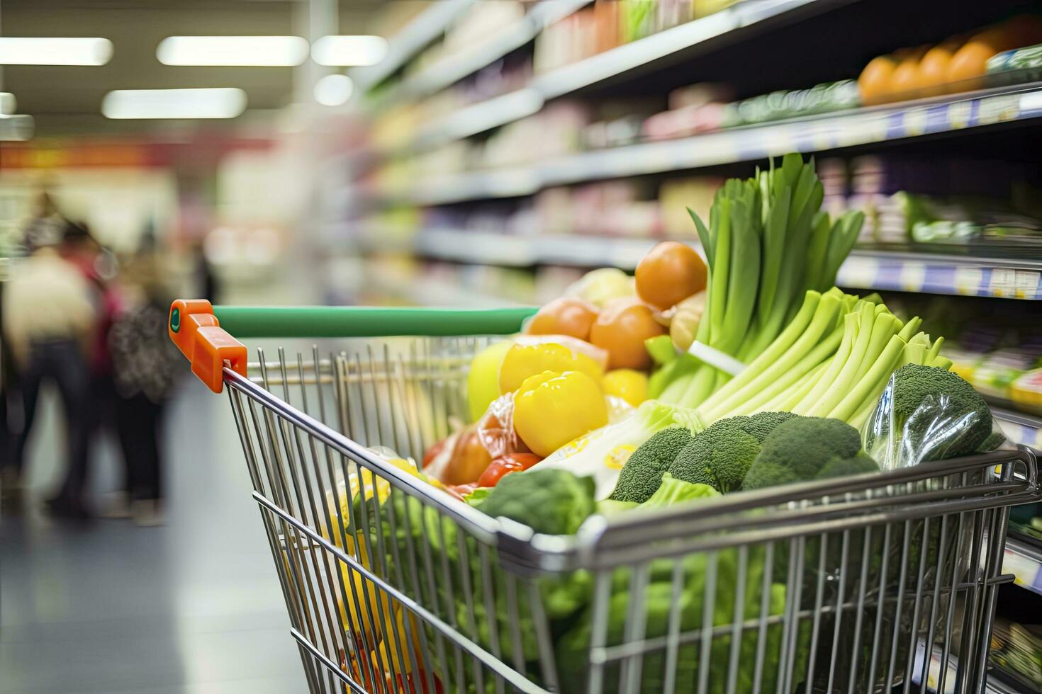 AI generated Close up of full shopping cart in grocery store. AI Generated photo