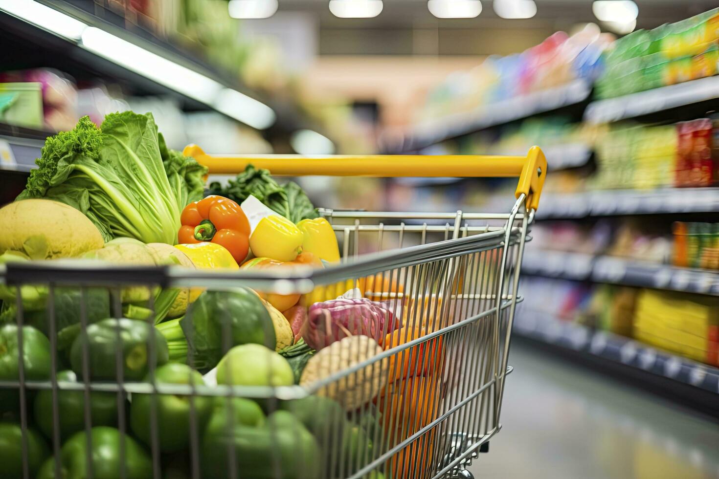 AI generated Close up of full shopping cart in grocery store. AI Generated photo