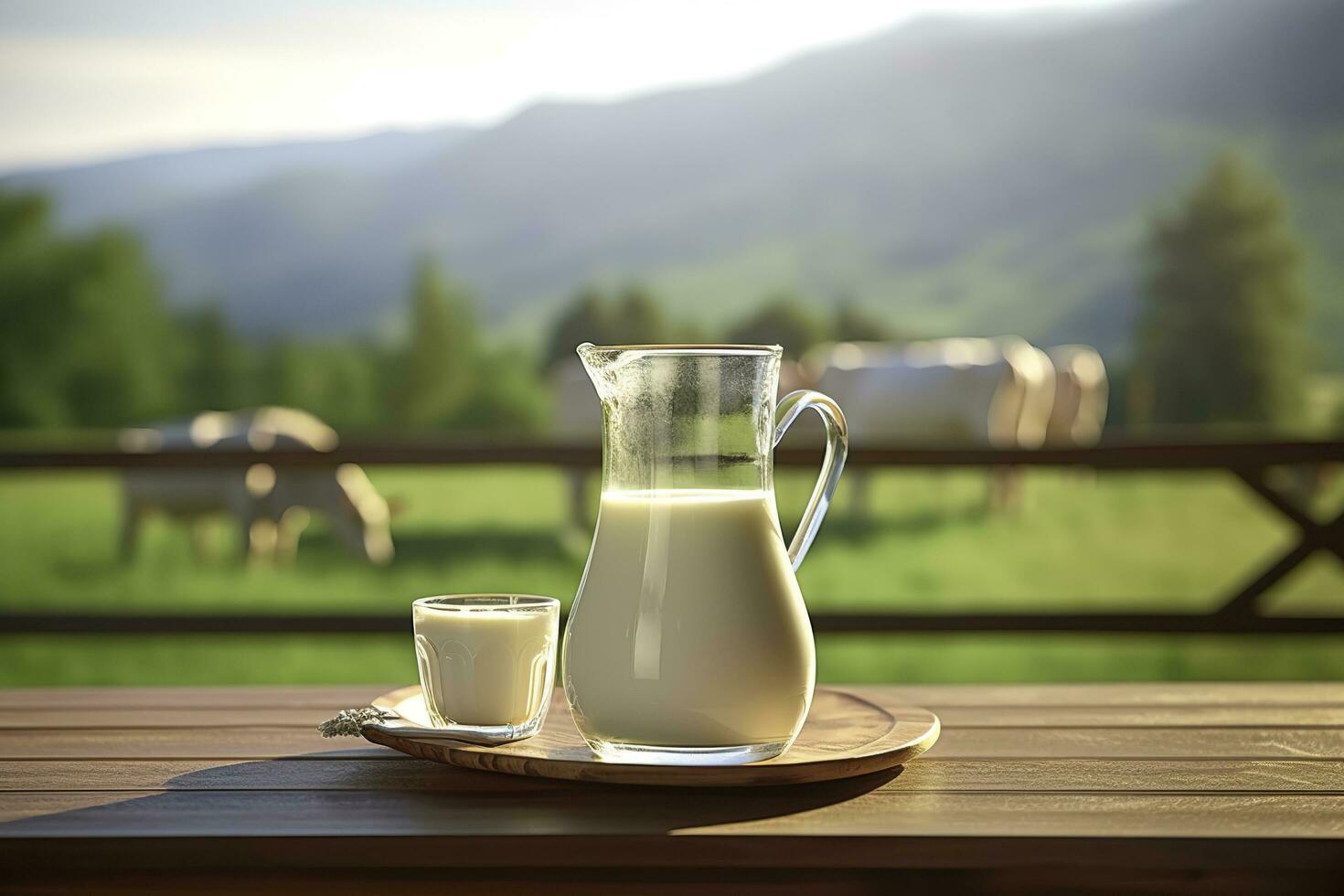 ai generado vaso lanzador con Fresco Leche en un de madera mesa. ai generado foto