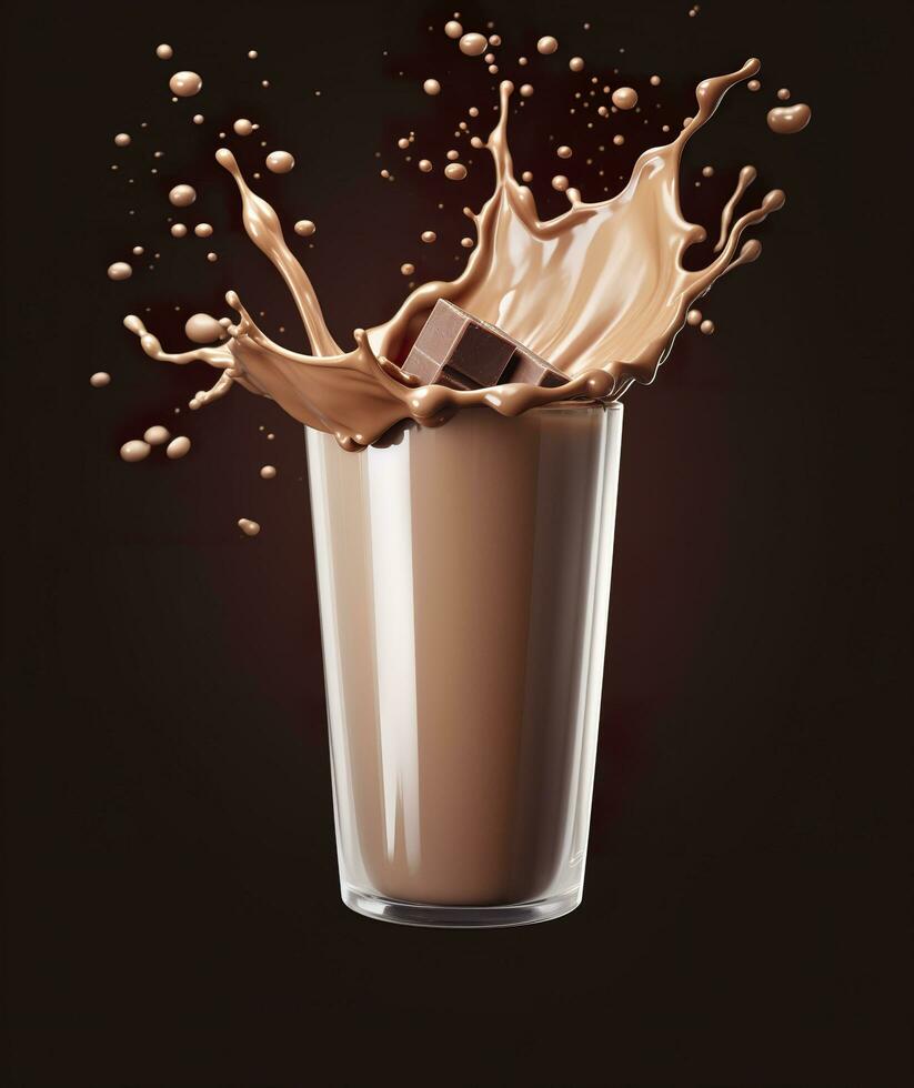 AI generated Glass with splashing cocoa, Chocolate Pouring, and splash. 3d illustration.  AI Generated photo