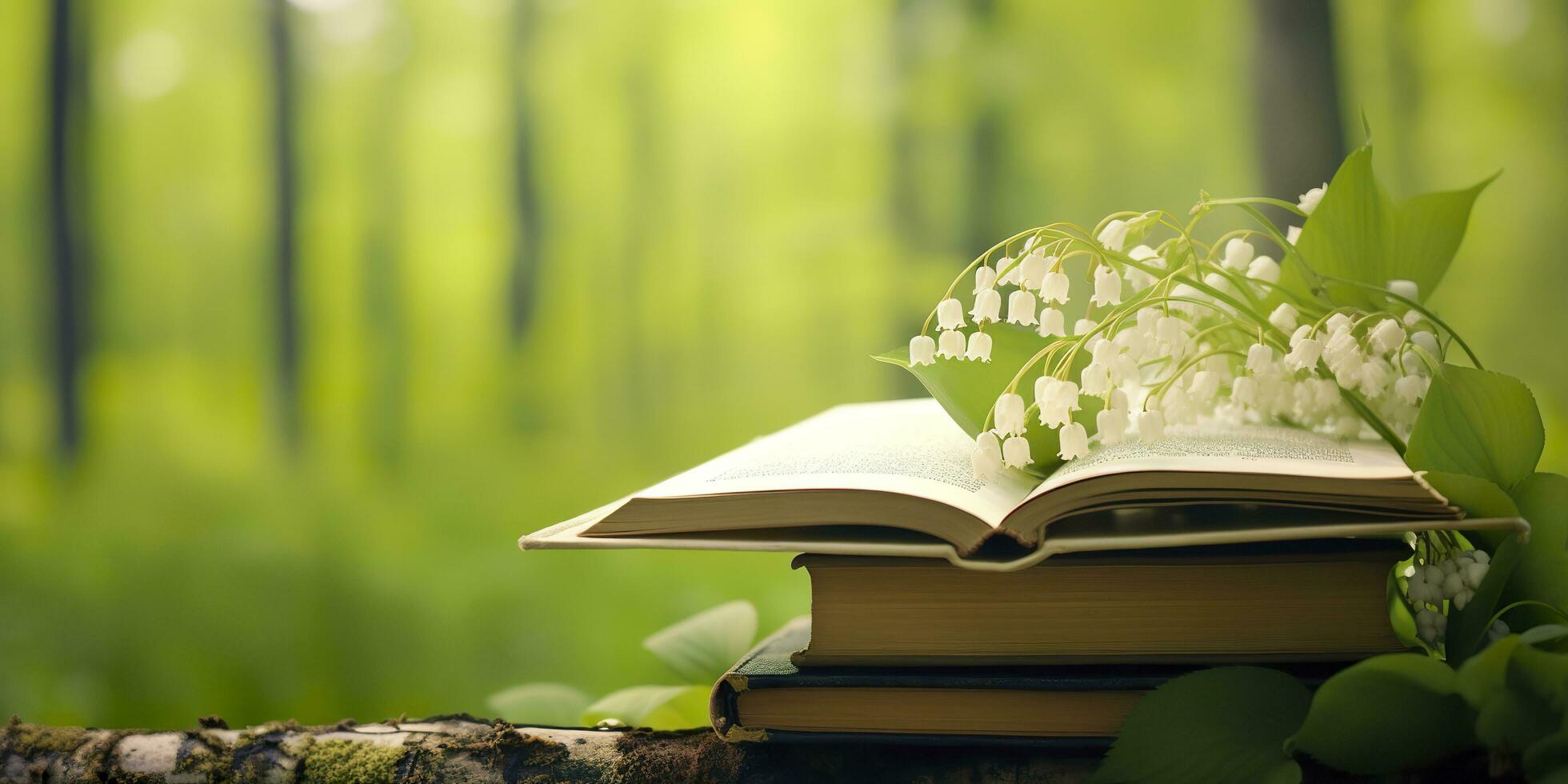 AI generated Lily of the Valley flowers and old books in the forest, green natural background. AI Generated photo