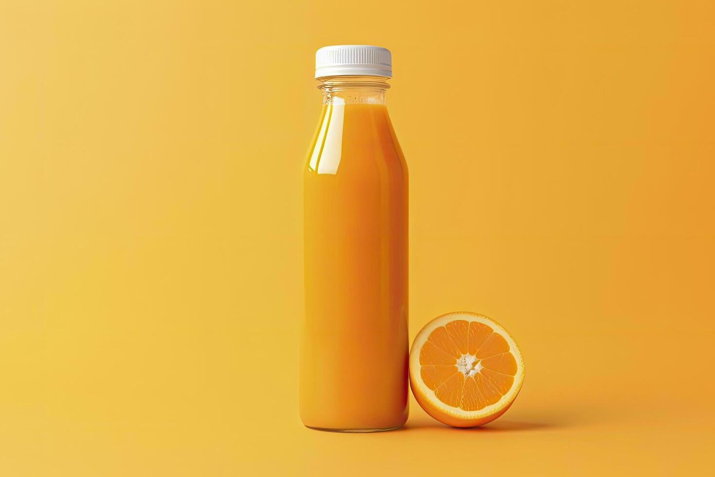 AI generated Orange Juice bottle on orange background. AI Generated photo