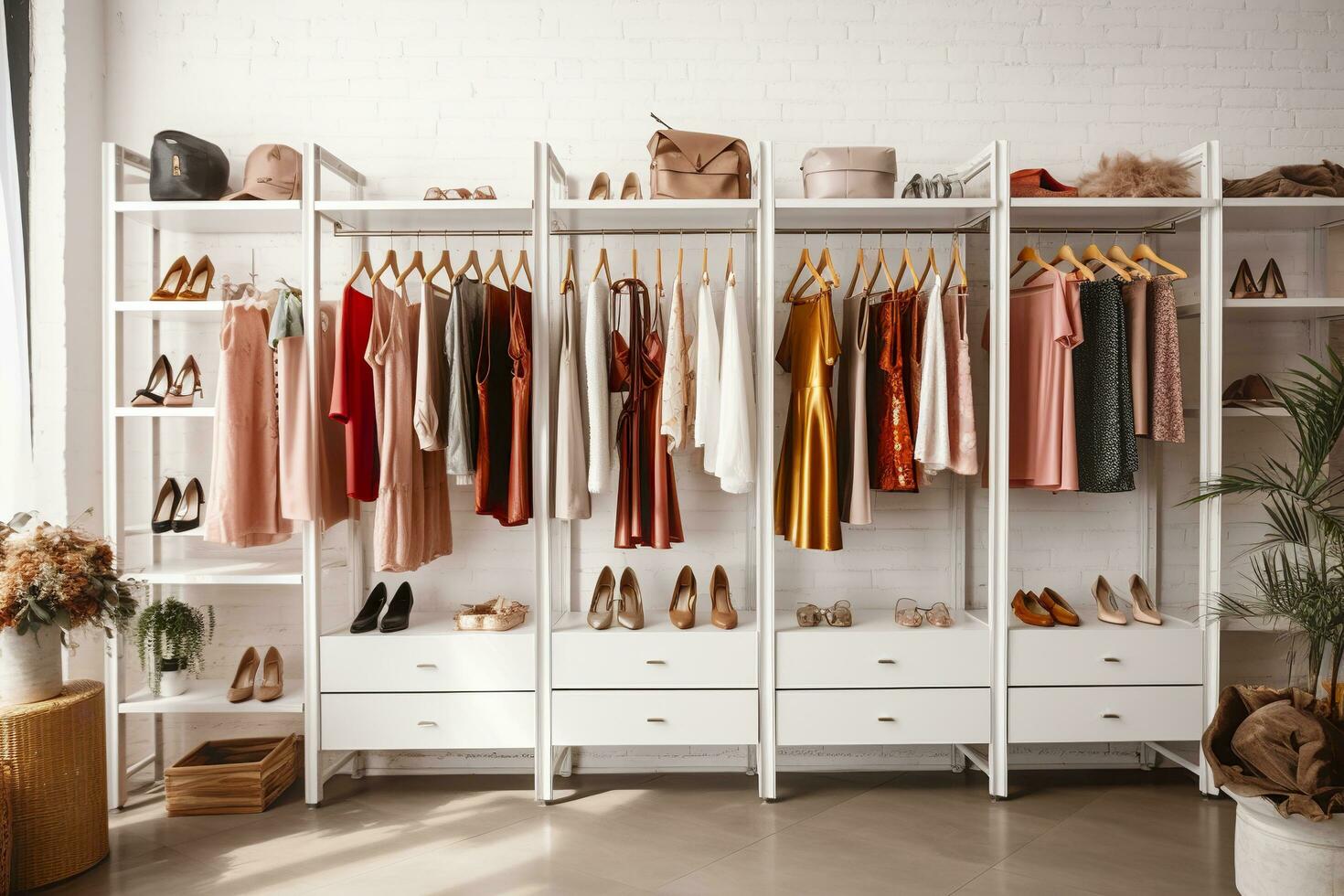 AI generated Stylish female clothes and shoes in a boutique. Generative AI photo